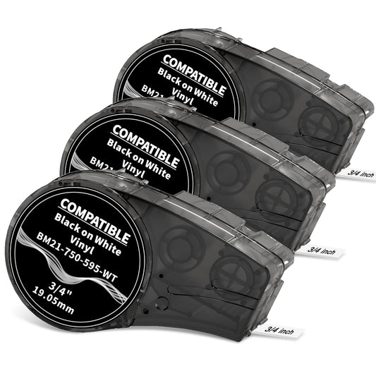 Compatible M21-750-595-WT All-Weather Vinyl Label Tape 3/4 Inch, for M210, M210LAB, M211, BMP21-PLUS, BMP21-LAB, Indoor/Outdoor, Lab and Equipment Labeling, 75" W 21' L, Black on White, 3-Pack