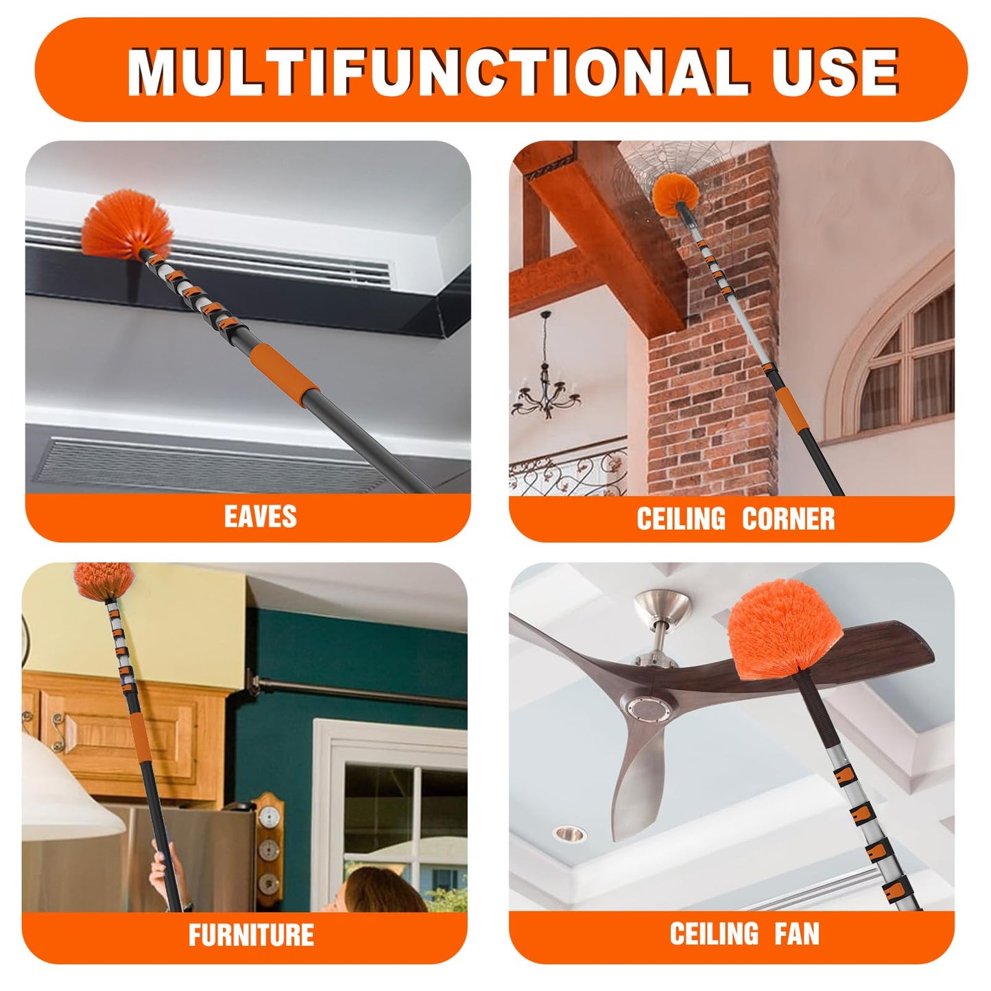 SISUPASSIE 30FT Reach Cobweb Duster with Extension Pole, High Ceiling Long Duster with 5-24FT Telescoping Pole, Spider Web Brush for Indoor Outdoor Use