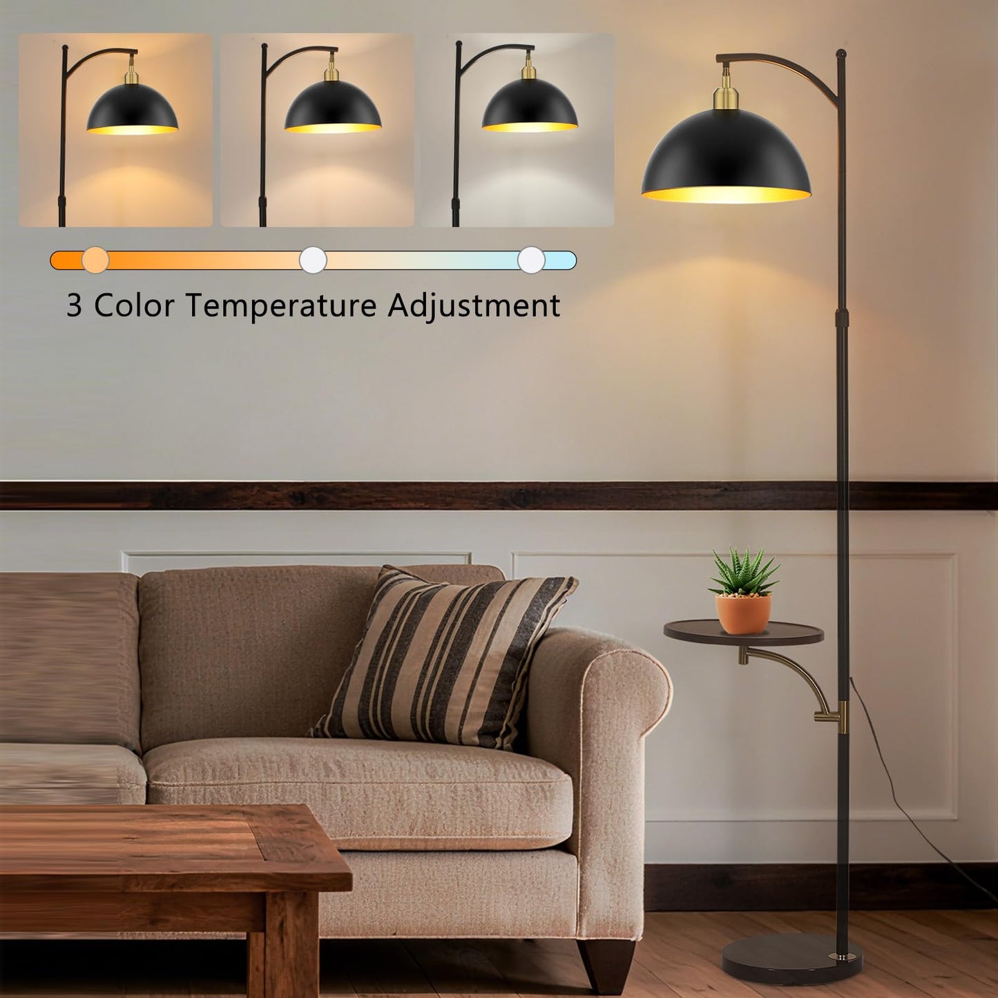 Industrial Dimmable Floor Lamp with Tray, Modern Arc Floor Standing Lamp with Table, Height Adjustable Corner Rustic Reading Lamps with Shelves for Bedroom Living Room Office (Black+Gold)