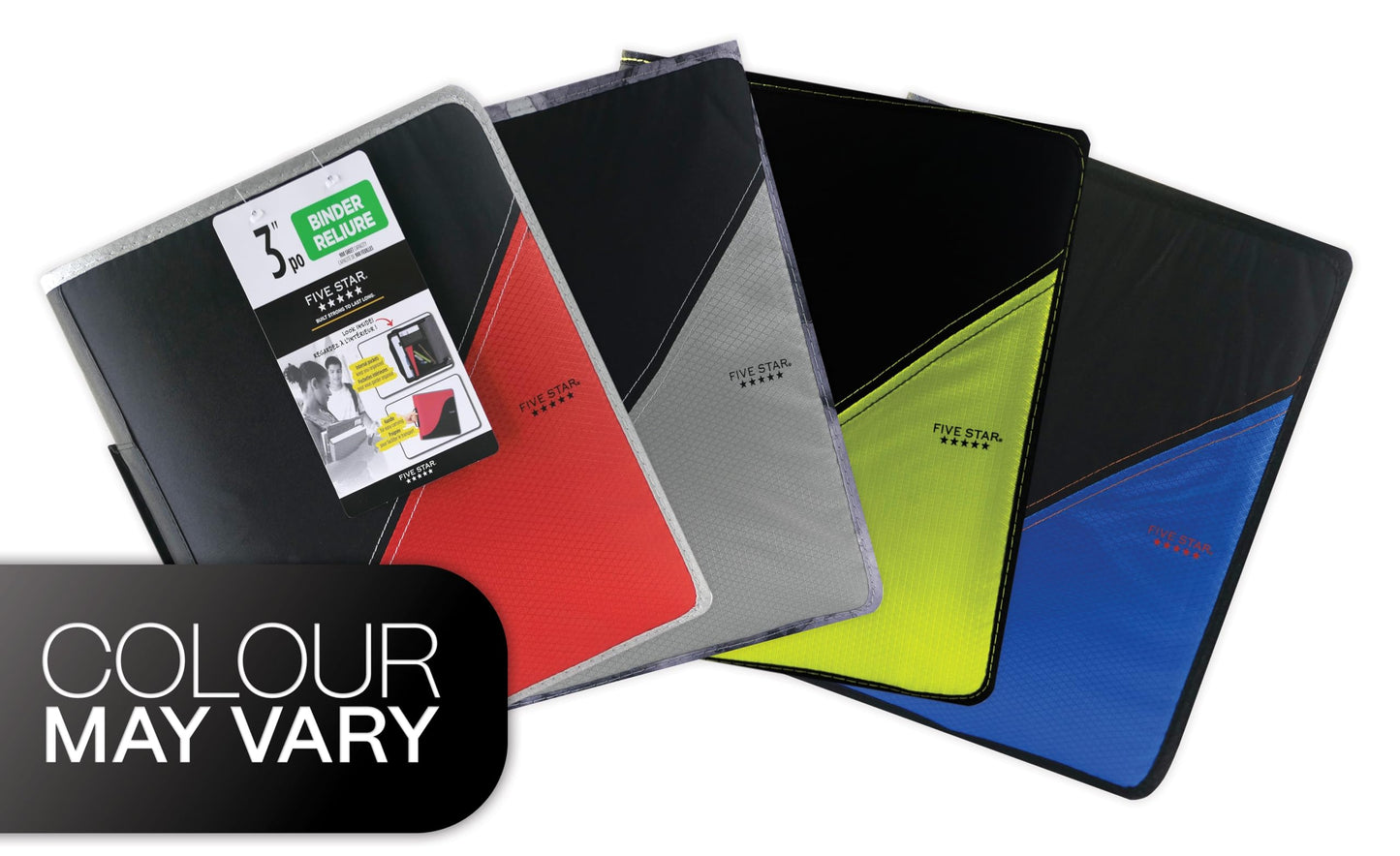 Five Star 3-inch Zipper Binder With Handle, 12-4/5 X 12-1/5 Inches, Assorted Colours. 1 Binder, Colour May Vary (28018)