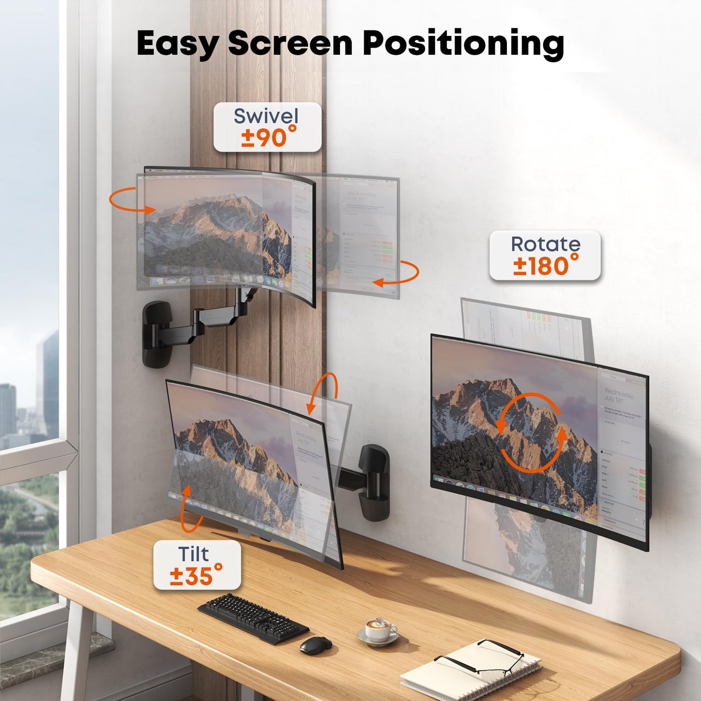 Monitor Wall Mount for 17 to 32 inch Computer Screen, Extra Long Single Wall Mount Monitor Arm, Full Motion Vesa Wall Bracket, VESA 75/100mm, Hold up to 19.8lbs, Black