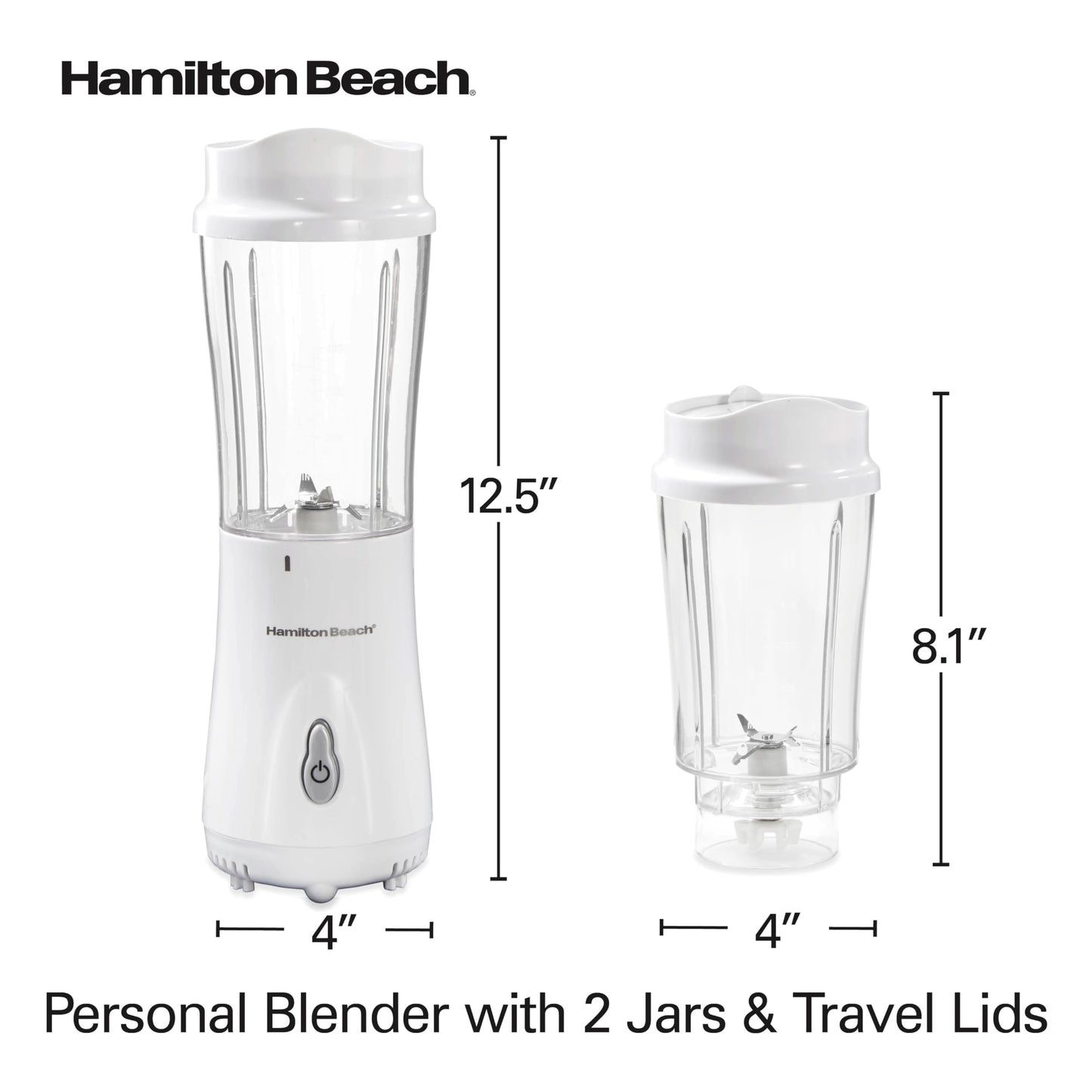 Hamilton Beach Personal Blender for Smoothies & Protein Shakes, Portable Single Serve Blender with 2 Travel Jars & Lids, 14 oz BPA-Free Cups, Stainless Steel Blades, 300W, White, 51102G