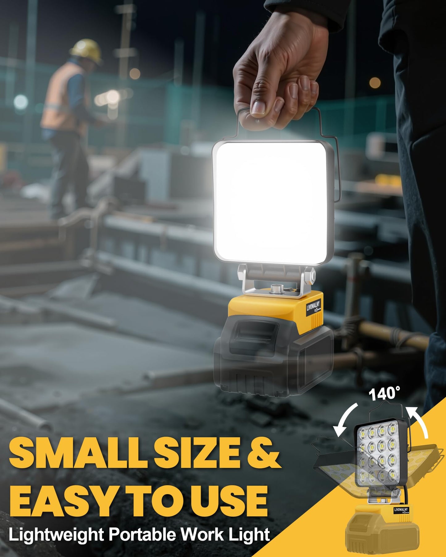 LIVOWALNY Cordless LED Work Light Compatible with Dewalt 20v Battery, 112W 11200LM Flashlight, Portable LED Flood Battery Light with USB A & USB C Charging Output Port for Emergency
