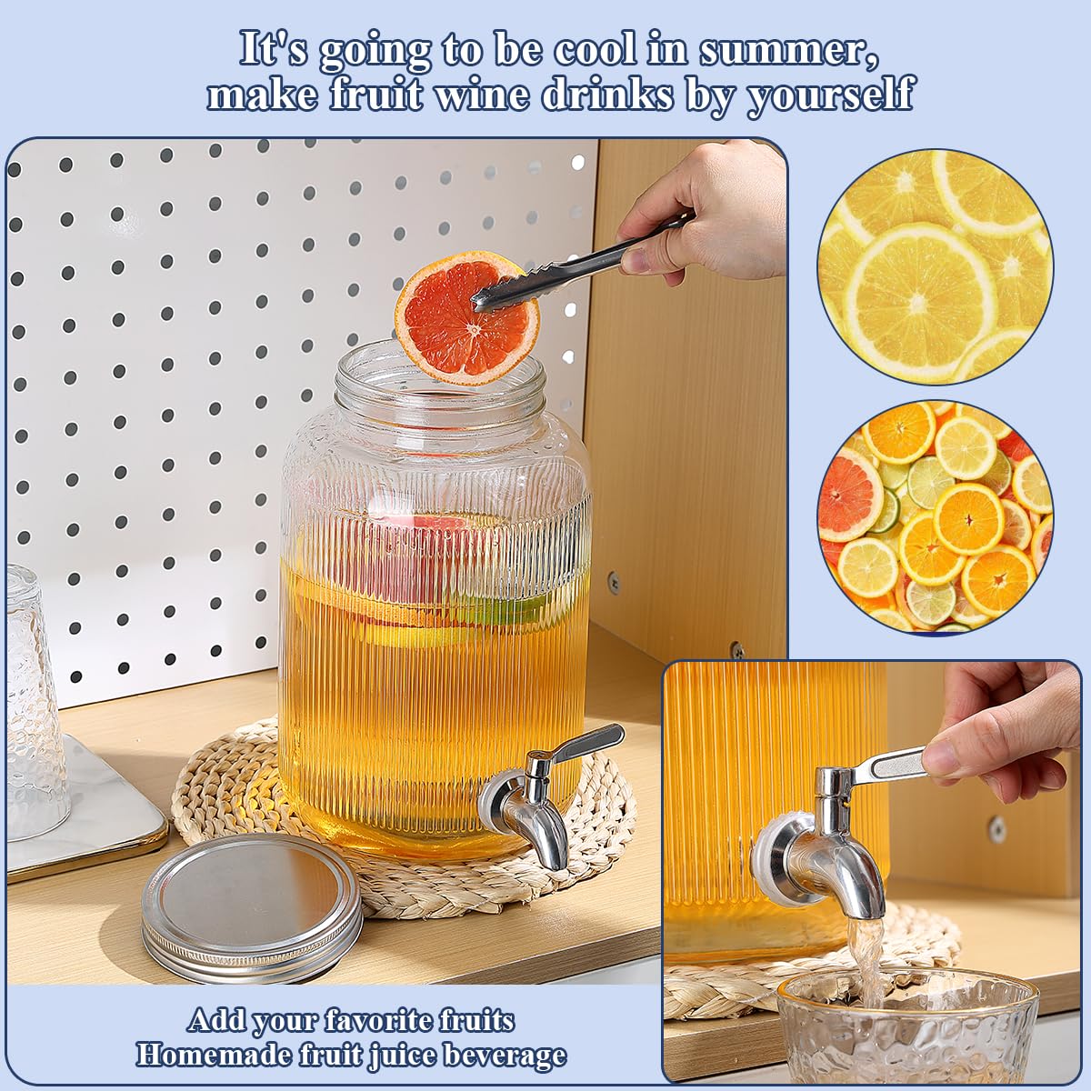 Evanda Glass Drink Dispenser, 4L Beverage Dispenser for Various Parties and Social Events with Leak-Proof Stainless Steel Spigot, Faucets