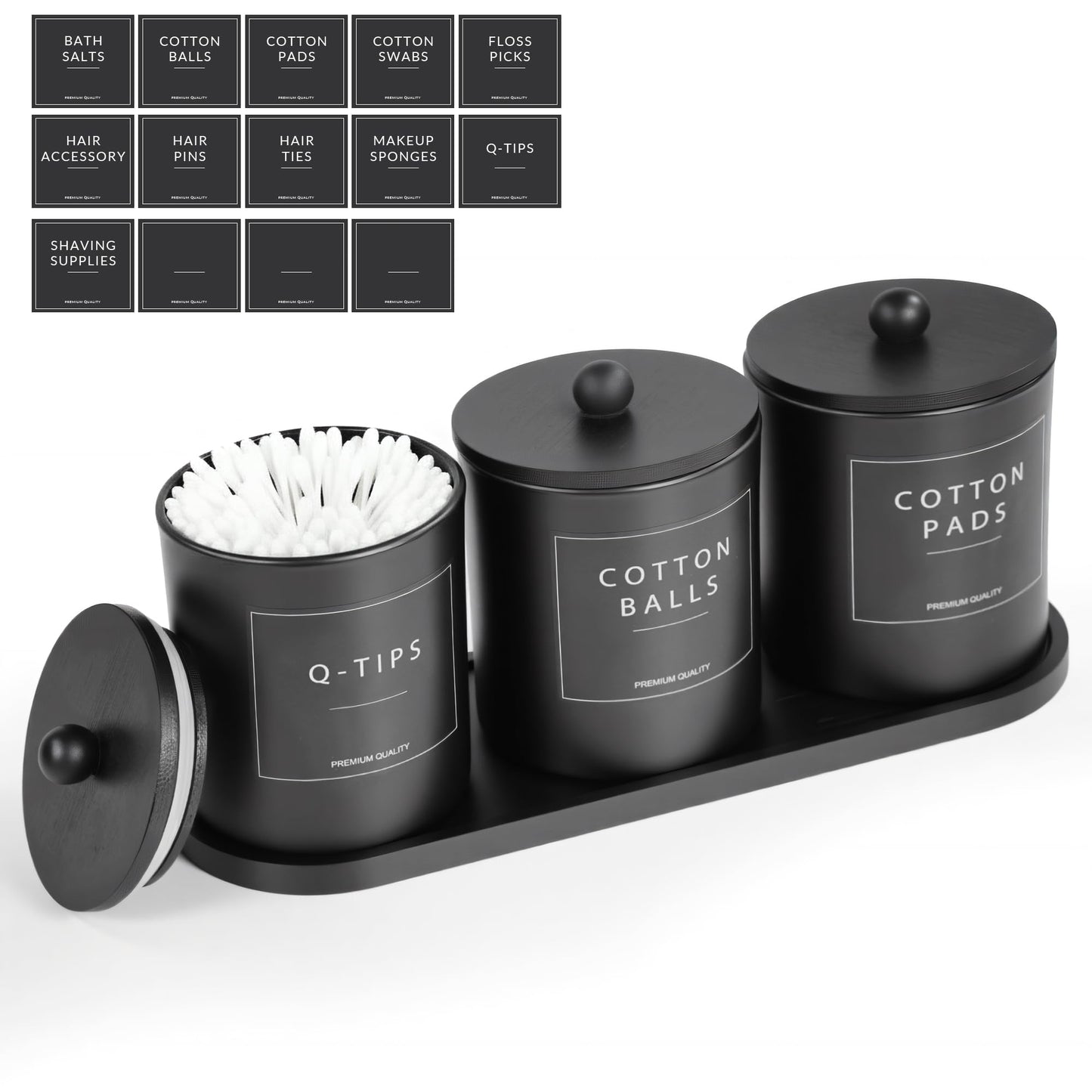 3 Pack Qtip Holder Dispenser - Glass Apothecary Jars with Bamboo Lids, Cotton Ball Pad Swab Round Holder, Floss Pick Containers, Bathroom Organizers with Tray & 14 Labels - Matte Black