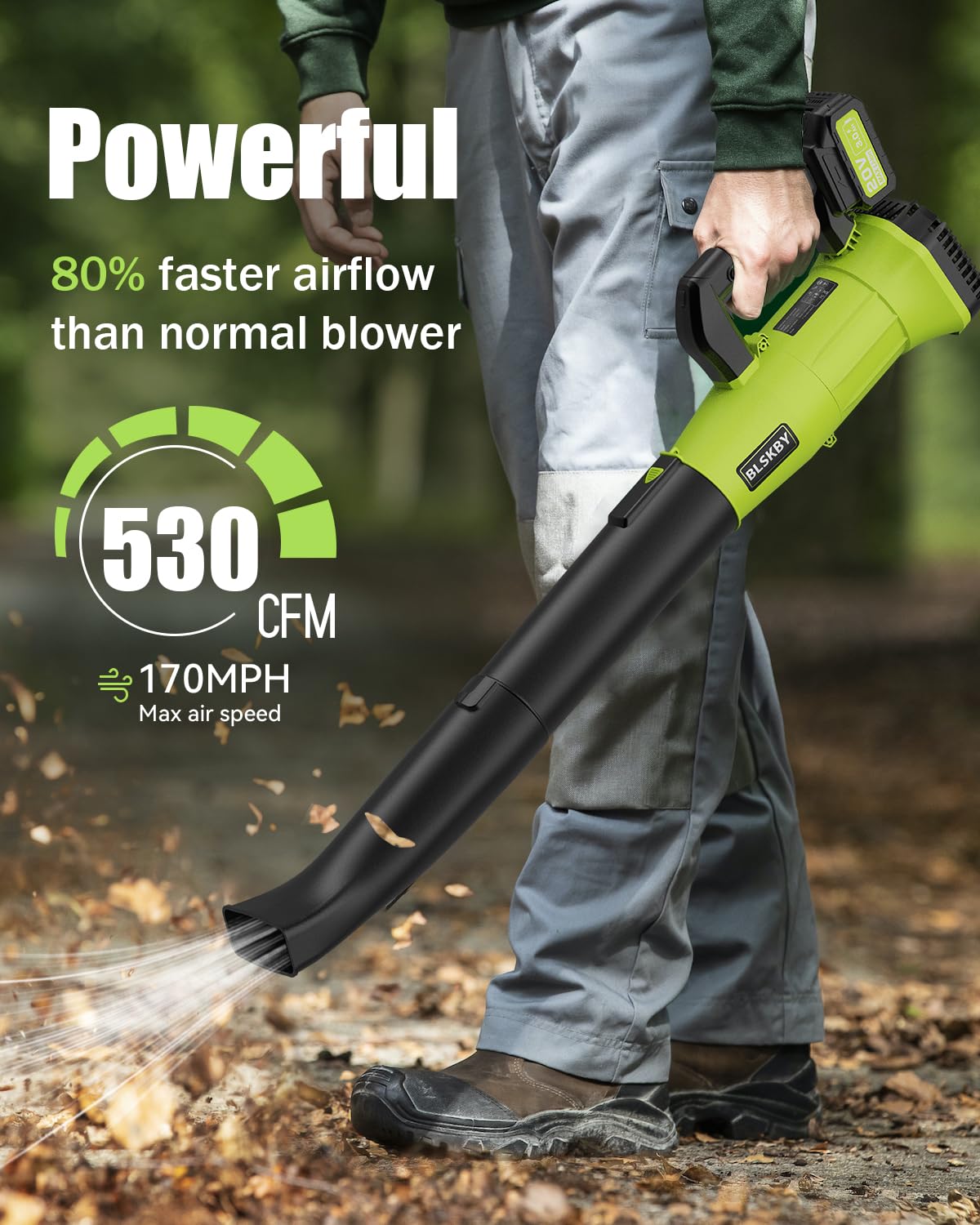 BLSKBY Leaf Blower Cordless 530CFM - 2 X 3.0Ah Battery and Fast Charger, 20V Cordless Leaf Blower with 7 Variable Speed for Yard and Garden