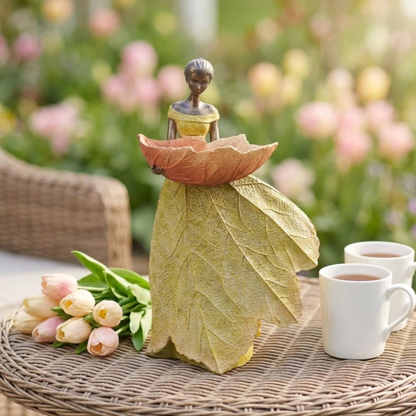 DiliComing Fairy Garden Statue Bird Feeder - 12 Inch Fairy Statue for Home Decoration, Resin Outdoor Statues for Garden Decoration, Best Bird Feeder Garden Gift for Women 12 x 7.5 x 5 Inch(Yellow)