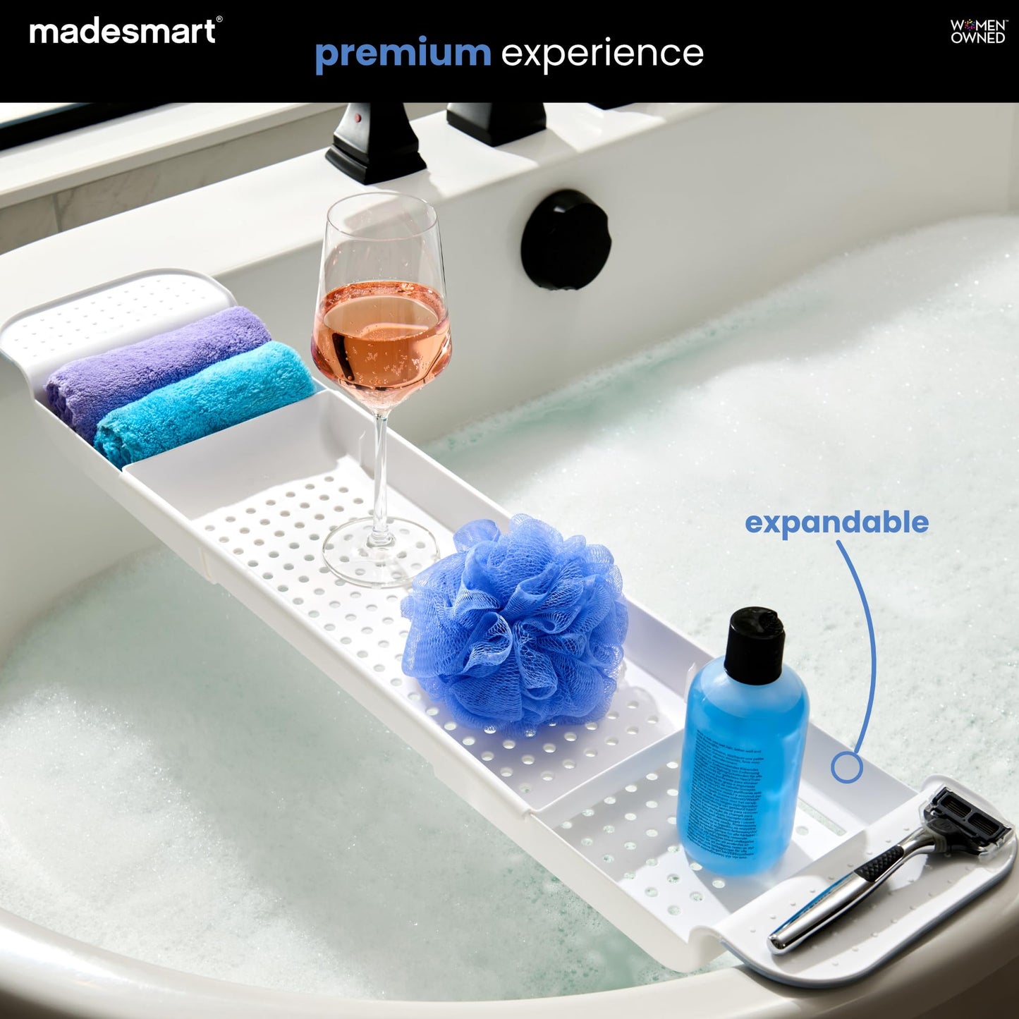 Madesmart Expandable Bath Tray for Bathtubs, Plastic Shower and Bath Shelf Caddy, White, Multifunctional Bathtub Bathroom Organizer, Premiumwhite