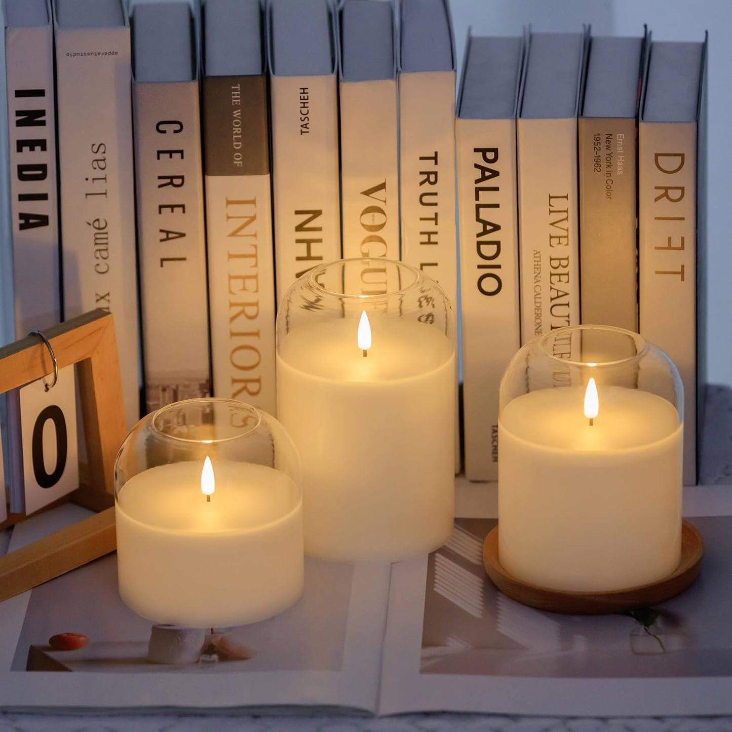 volnyus White Glass Flameless Candles Set of 3 (Φ 4" H 4" 5" 6") with Remote Battery Operated Flickering LED Pillar Candles Real Wax 3D Wick