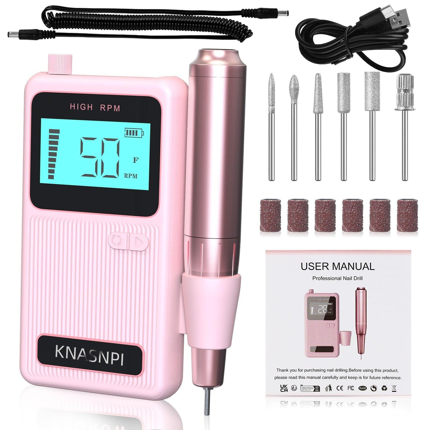 KNASNPI Professional Electric Nail Drill 50000 RPM High Speed with Smart Adjustment, Nail Salon & Home Use Kit, 6 Grinding Heads & Extended Runtime