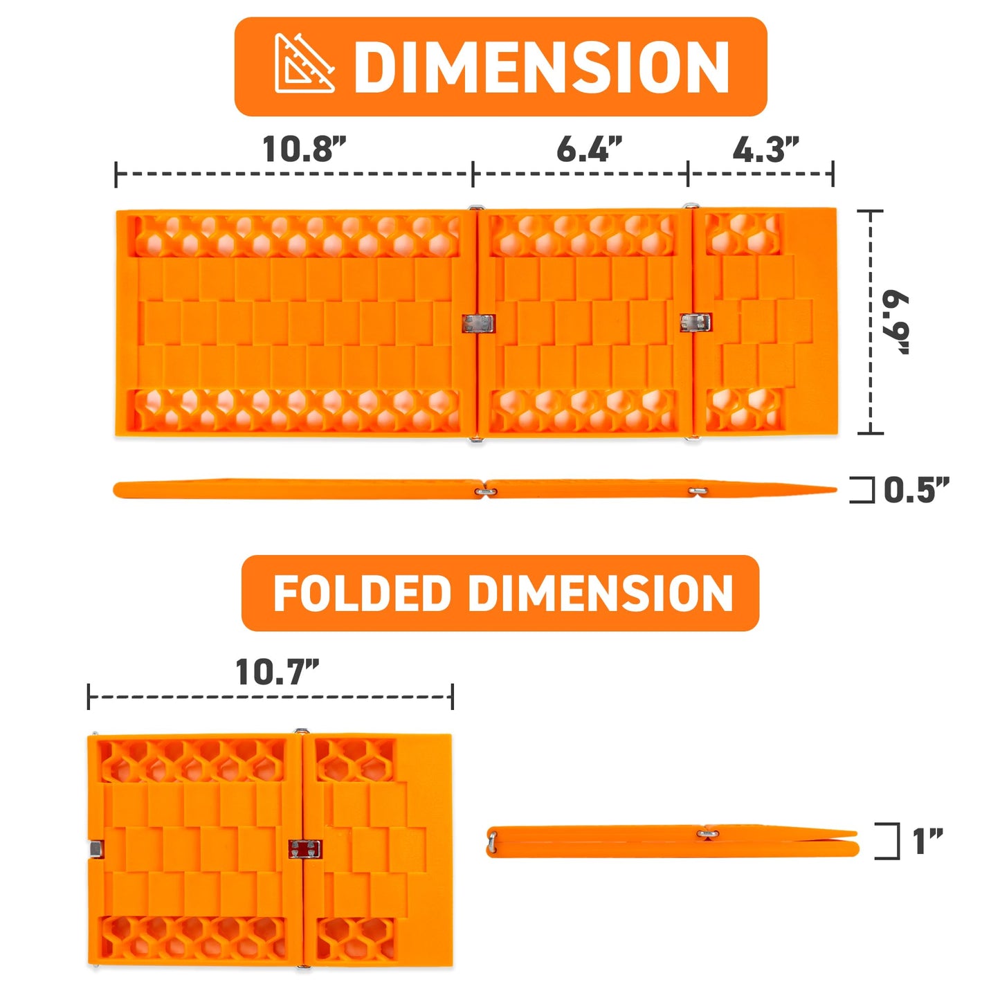 72HRS All Weather Automotive Emergency Tire Traction Mat, Winter Traction Mat, Snow Mud Dirt All Terrain Tire Traction Set of 2-55 x 18cm (Orange)