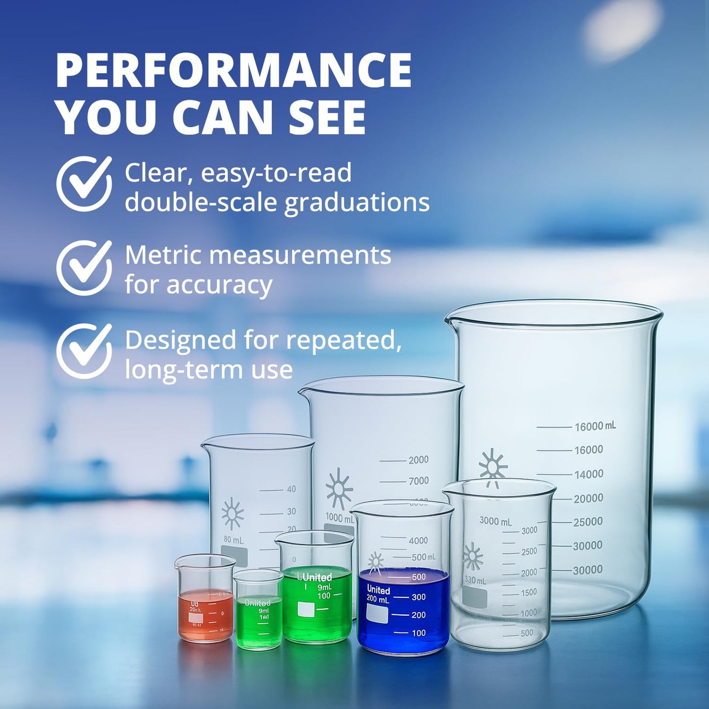 United Scientific BG1000-3000 Borosilicate Glass Low Form Beaker, 3000ml Capacity