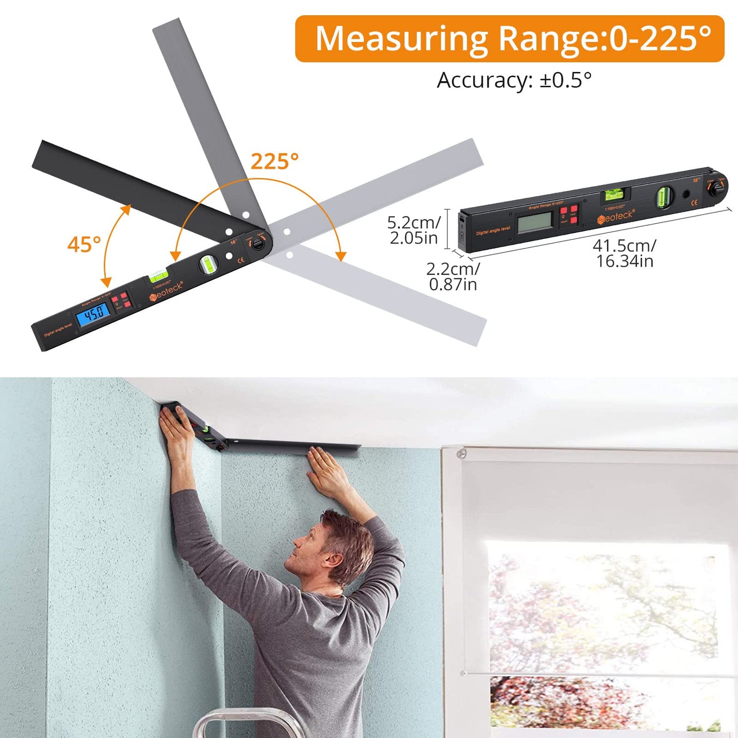 Neoteck Aluminum Angle Finder 225° 16 inch Digital Protractor Angle Ruler LCD Backlight Digital Angle Measuring Tool with Horizontal&Vertical Bubble for Woodworking Construction DIY