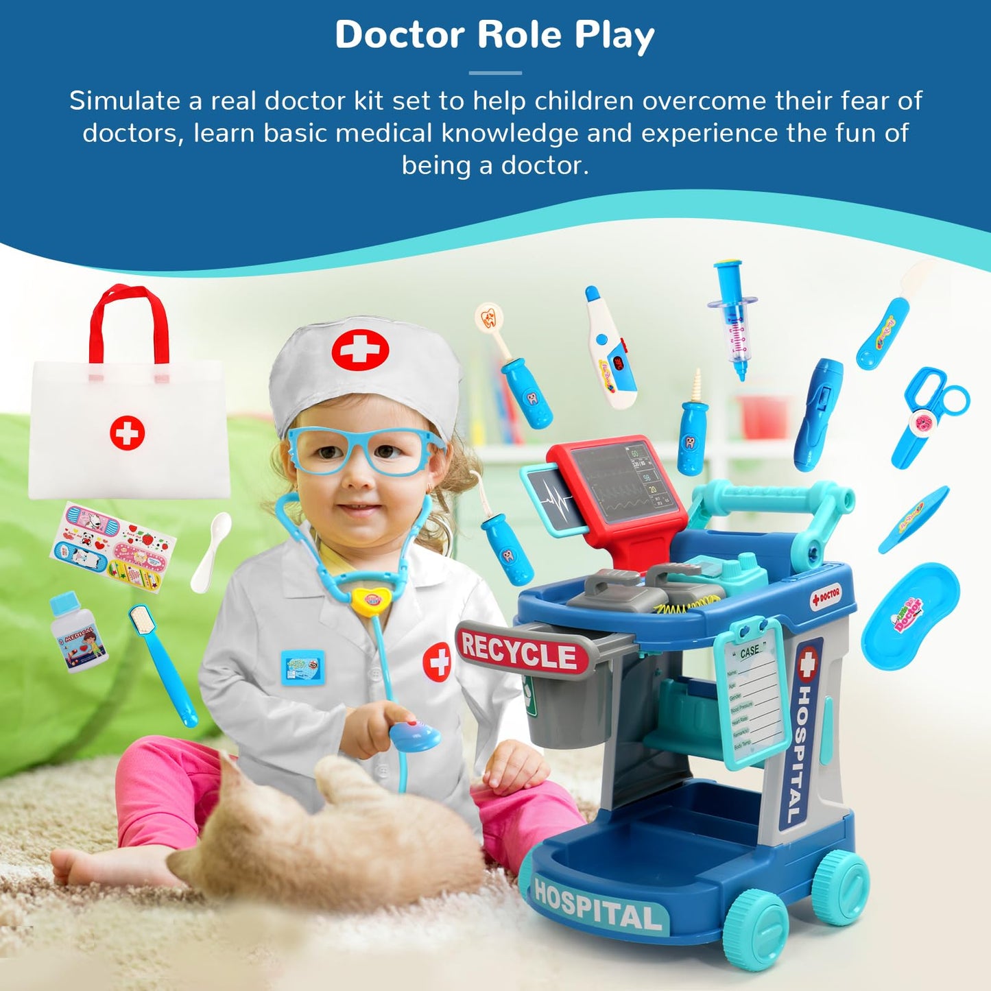 Doctor Kit Kids Toys for 3 Year Old Girl Boy 28 PCS Dentist Kit Pretend Play Doctor Costume Cart Set Dress Up Medical Kit Role Play for 3 4 5 Year Old Girls Toddler Christmas Birthday Gifts
