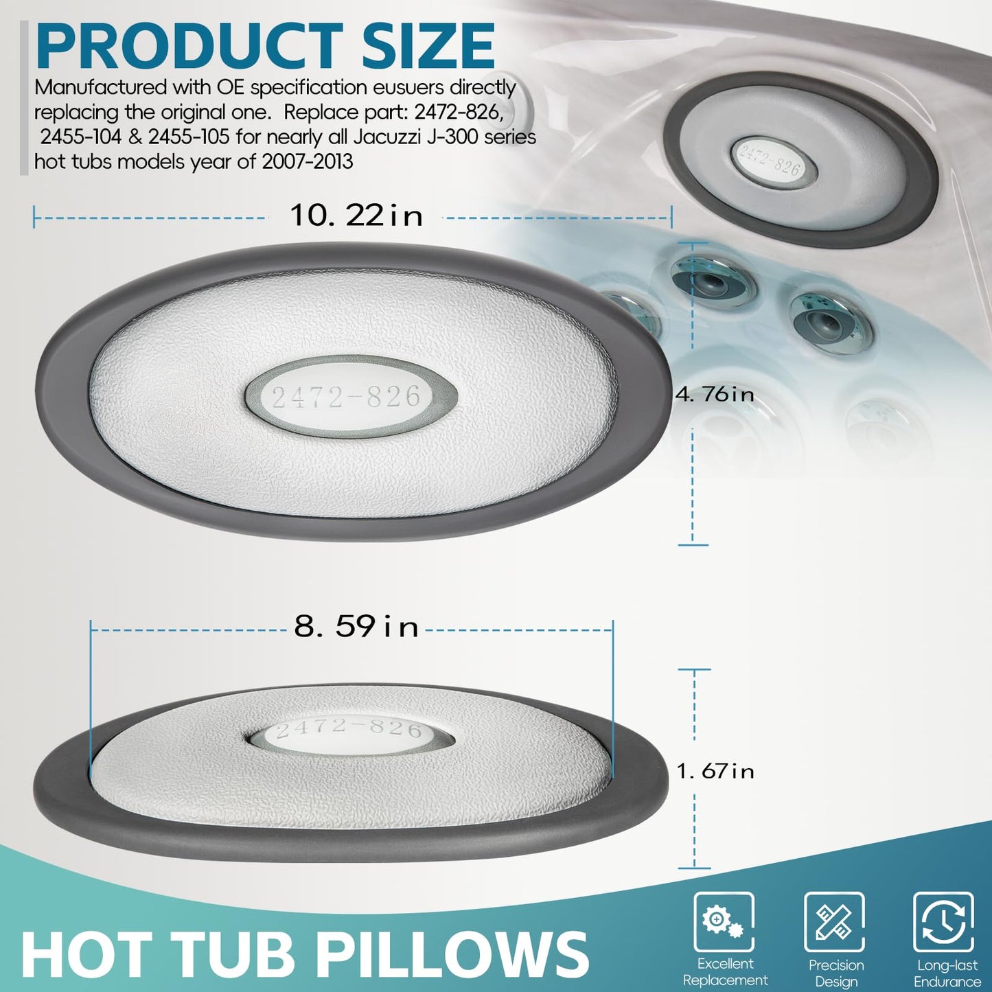 4 Pack 2472-826 Spa Oval Pillow Insert and Back Mount Fit for 2007-2013 Jacuzzi J-300 Series Hot Tubs & Spas, Hot Tub Headrest Replacement for Jacuzzi Hot Tub Pillows