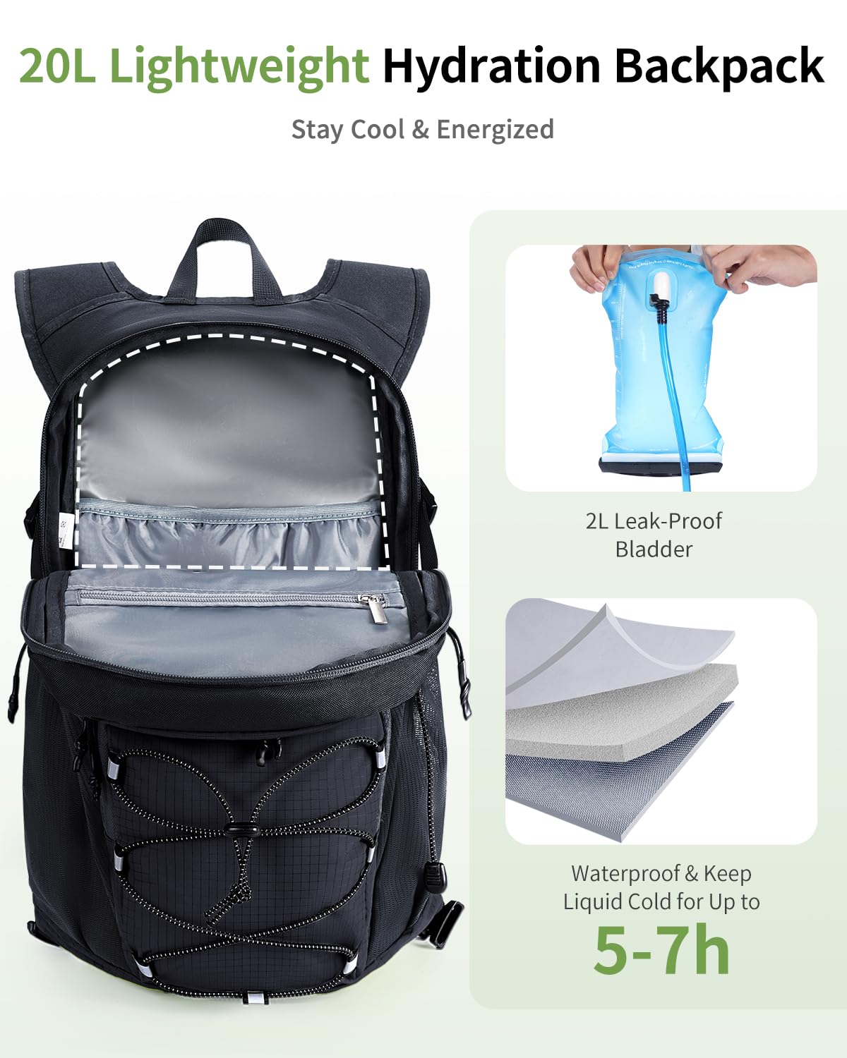 ECOHUB Hydration Backpack for Men Women, 20L Lightweight Hiking Daypack Cycling Backpack with 2L Water Bladder, Insulated Hydration Pack with Waist Pack