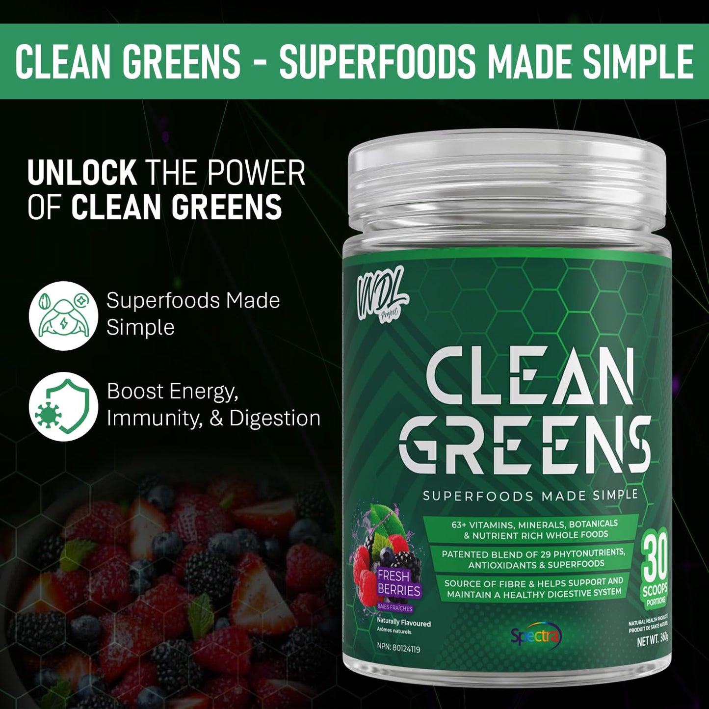 Clean Greens - Superfoods Made Simple | 63+ Vitamins, Minerals, Botanicals, & Nutrient Rich Whole Foods | Boost Energy, Immunity, & Digestion. 30 Servings - Fresh Berries