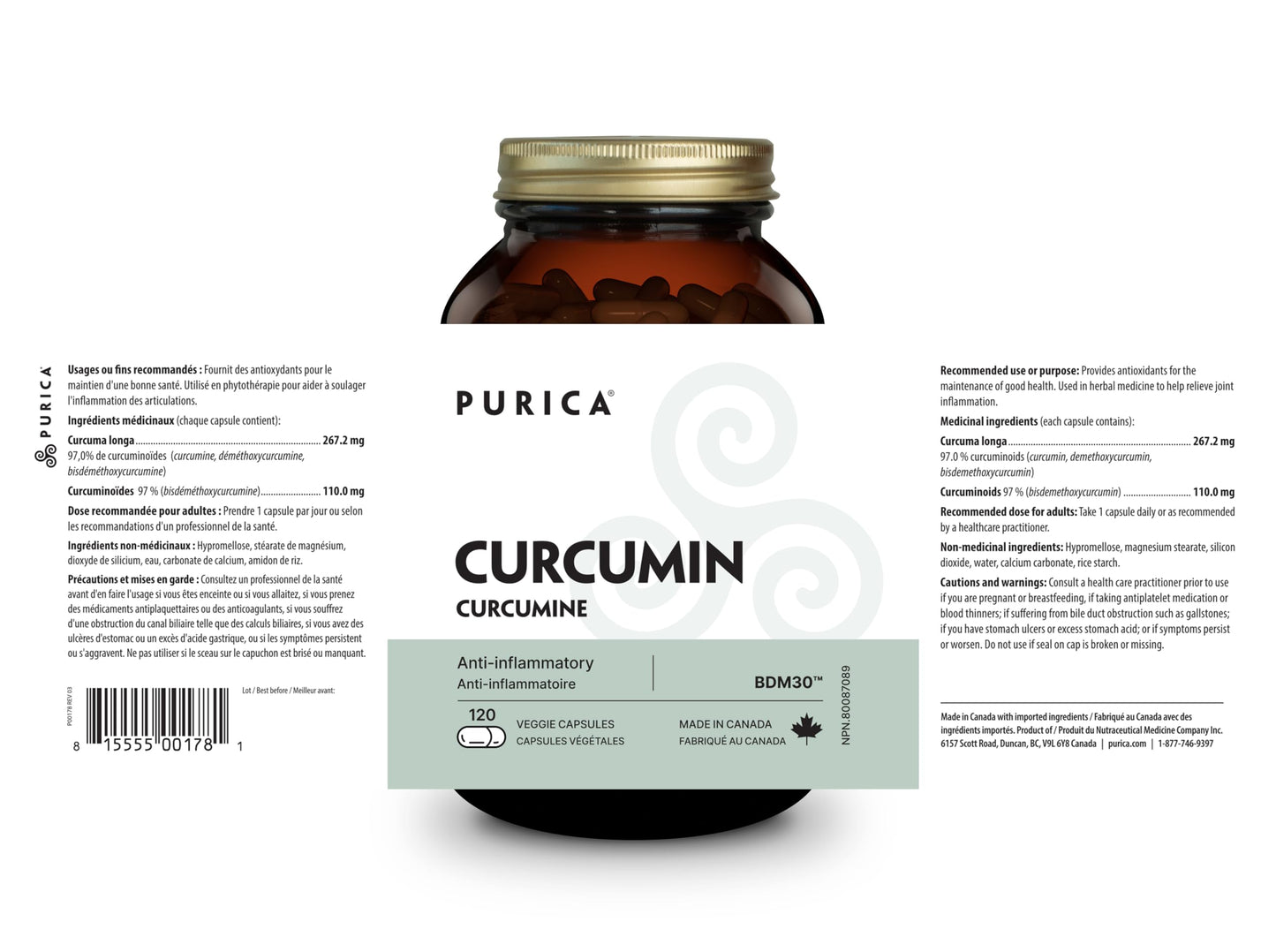PURICA Extra Strength Curcumin 30% BDMC, 120 Vegan Capsules 120-Day Supply - Turmeric Curcumin Supplements for Skin and Brain Health - Provides Antioxidants for the Maintenance of Good Health