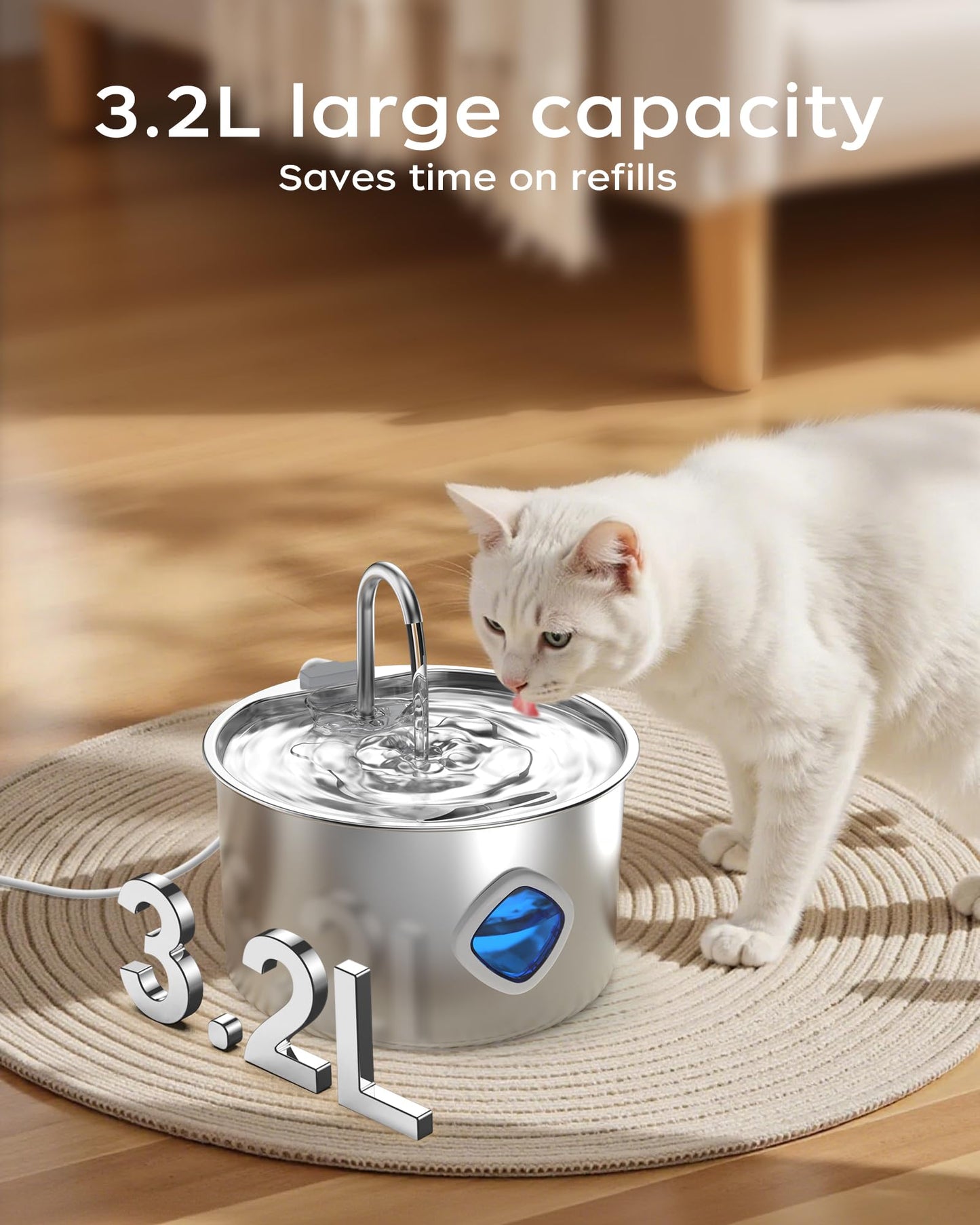 Cat Water Fountain,108oz/3.2L Indoor Pet Fountain,Automatic Stainless Steel Cat Fountain Quiet Pump Dog Water Dispenser Includes 4 Filters and 4 Sponges