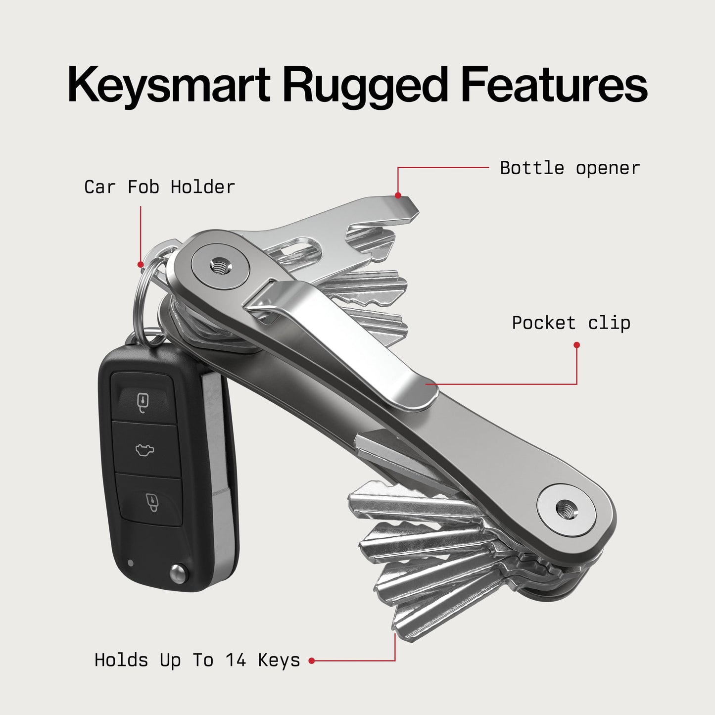Keysmart Rugged - Multi-Tool Key Holder with Bottle Opener and Pocket Clip (Up to 14 Keys, Titanium)