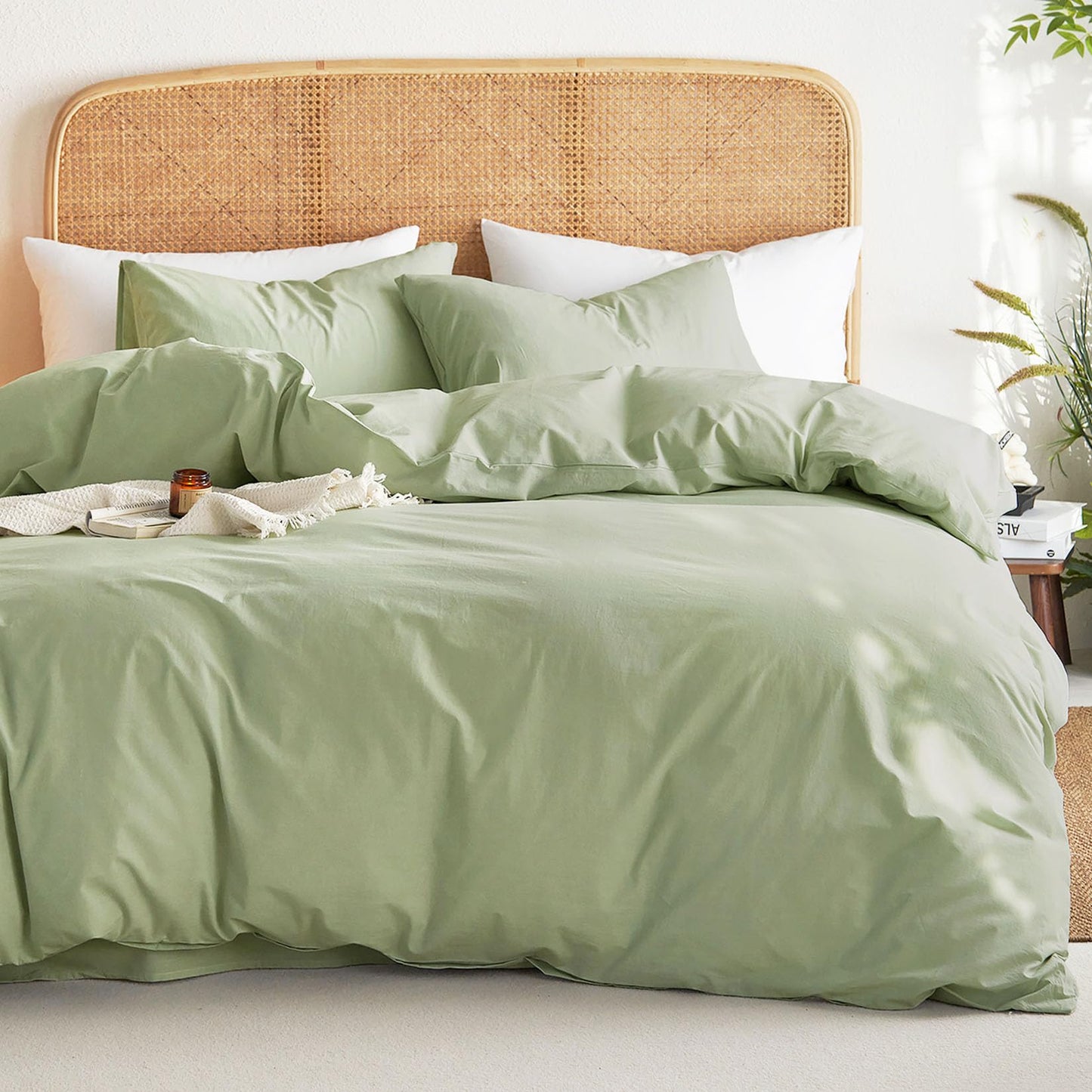 Wake In Cloud - Sage Green Cotton Duvet Cover Set, Queen Size, 100% Washed Cotton Plain Solid Color, Linen Like Textured, Breathable Durable Farmhouse Neutral Bedding Set, 3 Pieces