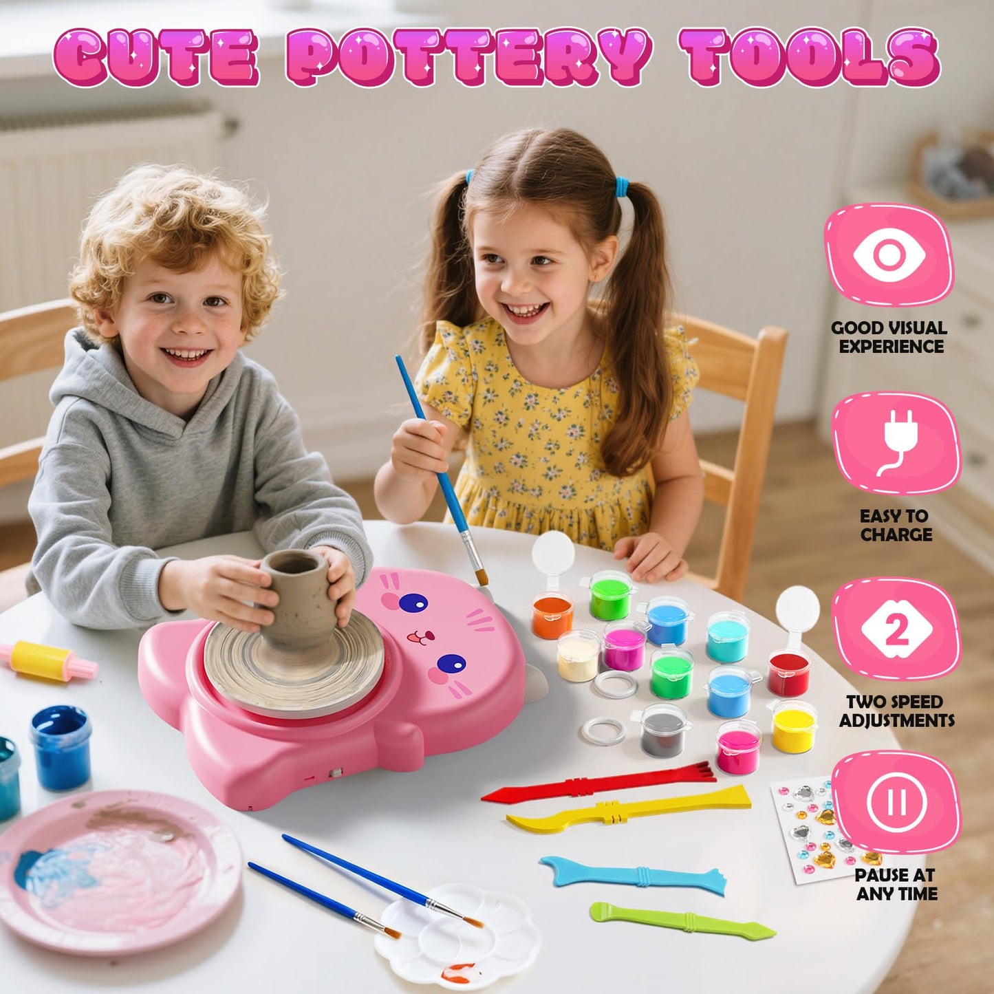 Skirfy Mini Pottery Wheel Kit for Beginners Kids,Electric Ceramic Wheel with Foot Pedal&Painting Kit, Adjustable Speed,Clay Spinner DIY Tools for Art Craft Birthday (Cat)