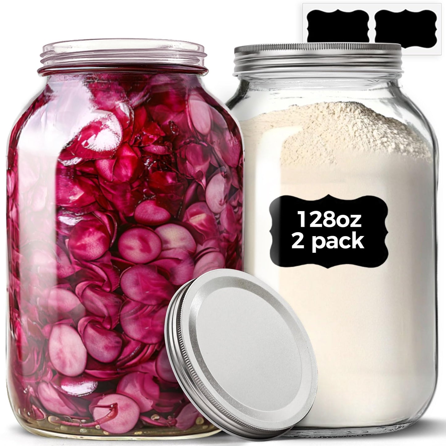 ComSaf 1 Gallon Mason Jars 2 Pcs, 128 oz Glass Jars with Lids, Flour Sugar Storage Containers, Large Glass Containers for Pickles, Fermented Food, Sourdough Starter, Food Storage, Homemade Drinks
