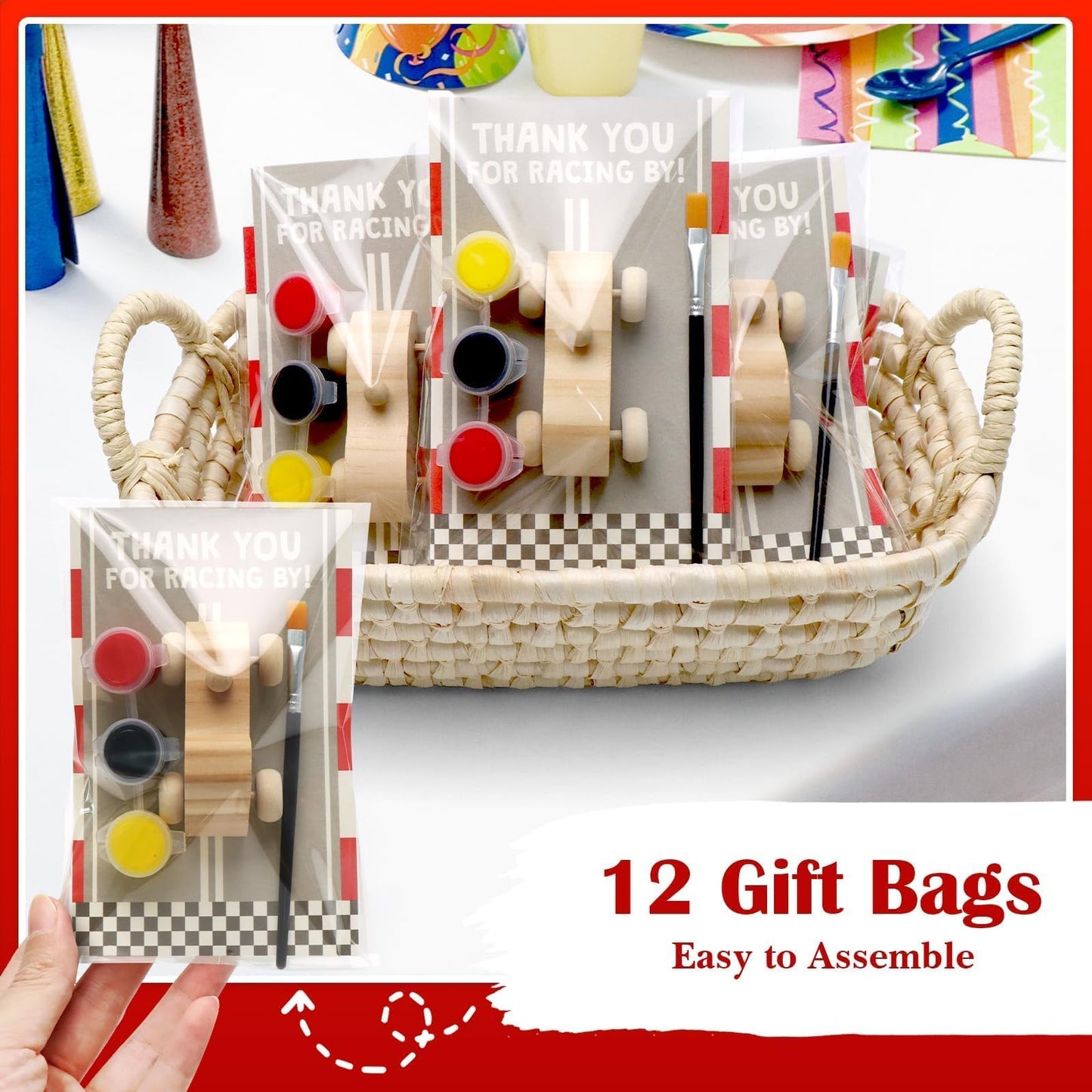 Racecar Painting Party Favors Kit - 12 Unfinished Wooden Cars, Acrylic Paints, Brushes, Thank You Cards, Perfect for Racing-Themed Birthday & Two Fast Theme Party Supplies