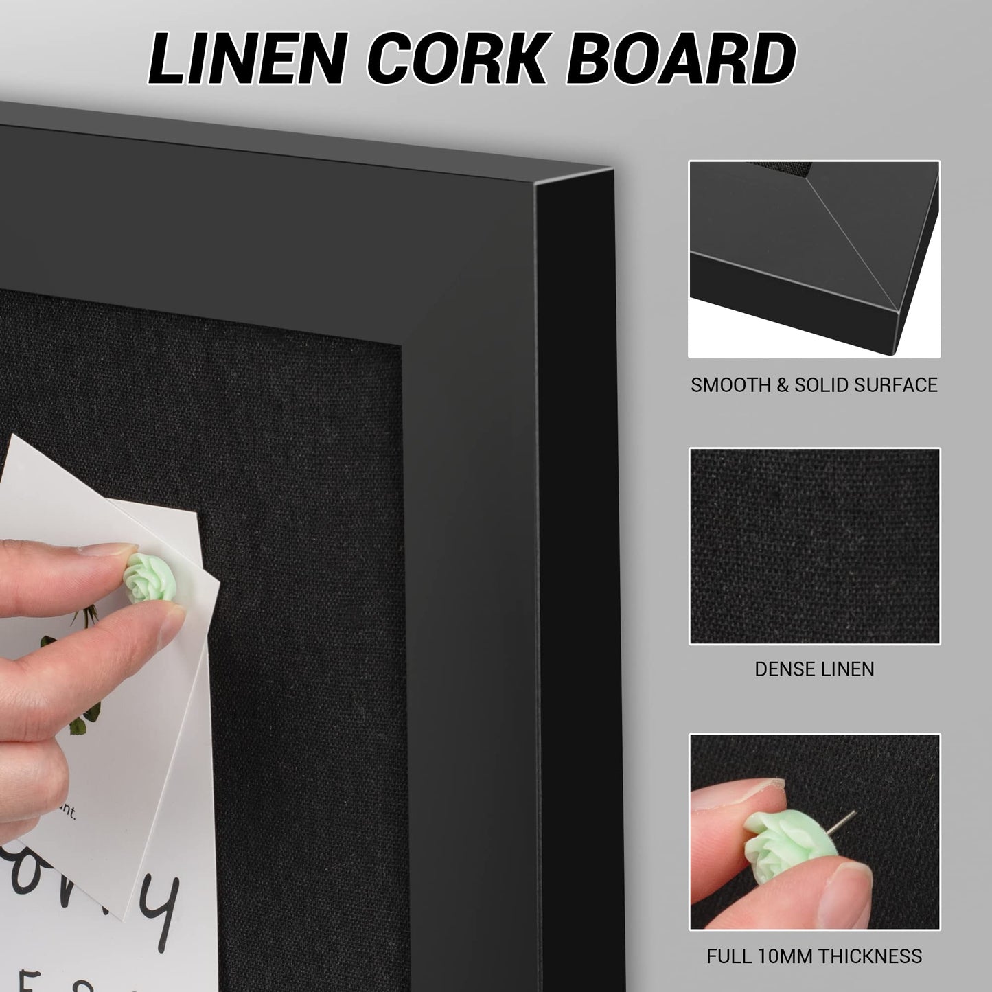 Board2by Black Cork Board Bulletin Board with Linen, Wood Framed 24" x 18" Corkboard, Office Board for Wall Decor, Wall Mounted Pin Board Picture Board with 20 Pushpins for School, Home & Office