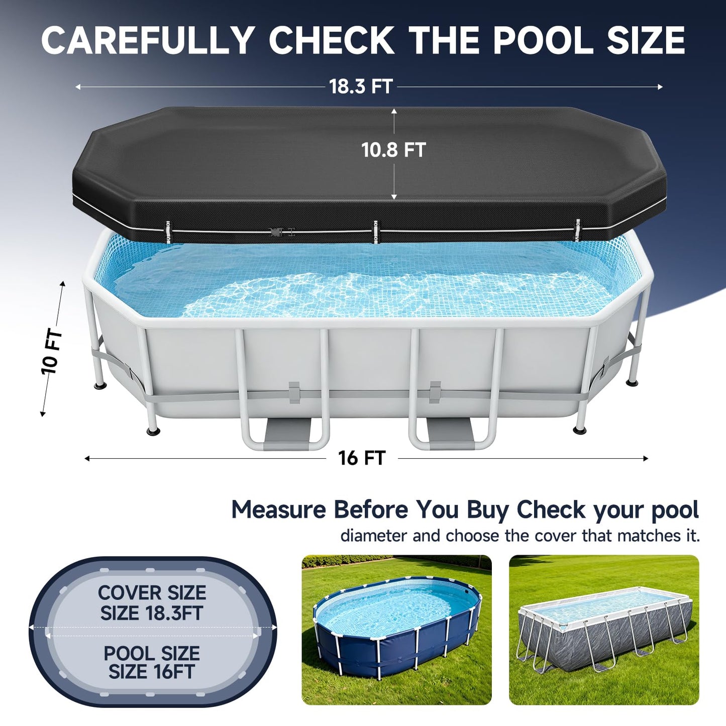 LXKCKJ 10X16 FT Pool Covers for Above Ground Pools, Solar Oval Pool Cover with Accessories Set, Integrated Design Rectangular Pool Cover Ideal for Waterproof, Dustproof, Windproof