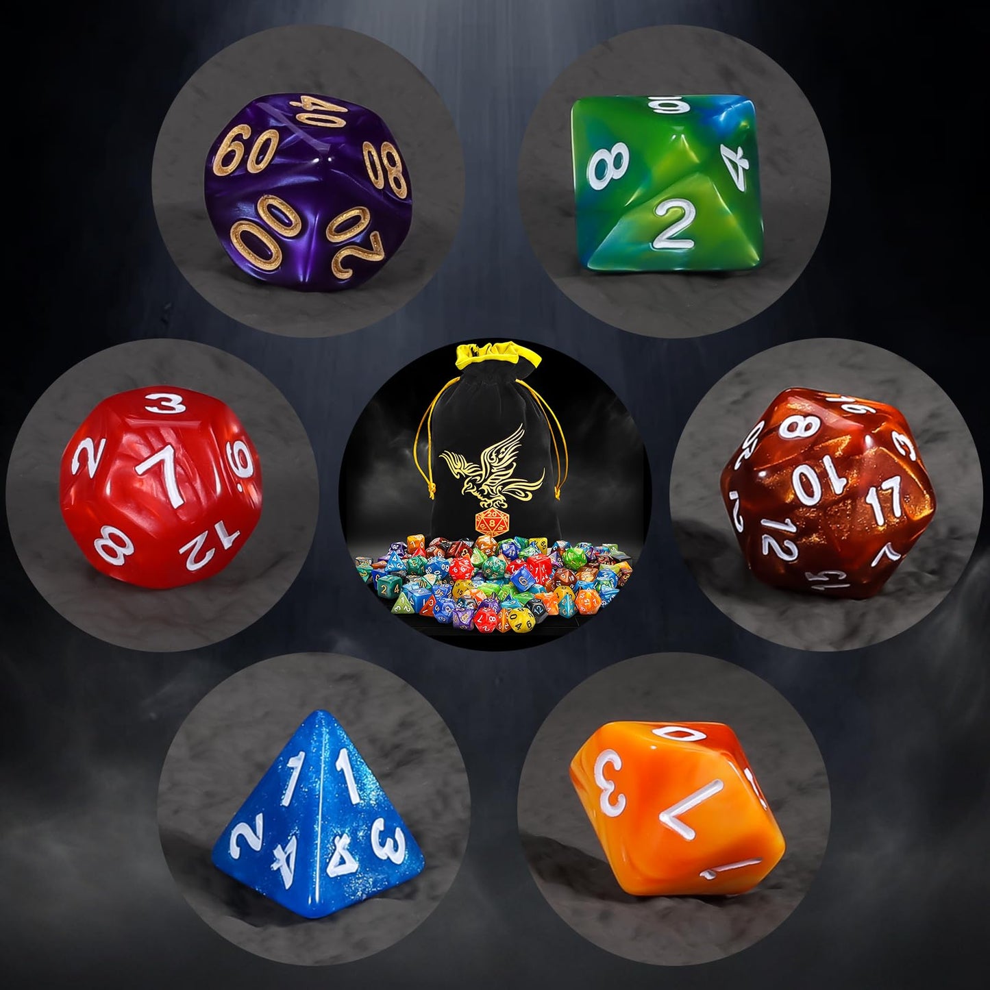 QMay DND Dice Set 20 X 7 Polyhedral Dice (140pcs) with 1 Large Flannel Bag, D&D Dice (D4 D6 D8 D10 D% D12 D20) for Dungeons and Dragons RPG MTG Table Games