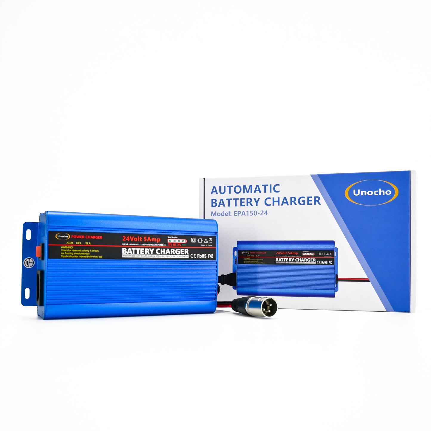 24V Battery Charger Automatic smart Charger 5A trickle Charger and I/O Switch 3 pin XLR Connector for Charging AGM Gel Lead-Acid Batteries for Cars wheelchairs Boats