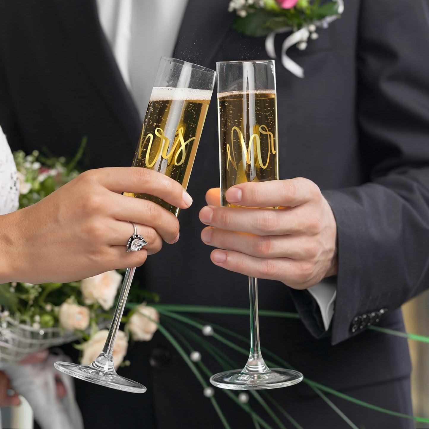 AW BRIDAL Wedding Champagne Glasses - Crystal Champagne Flutes for Mr & Mrs, Bridal Shower & Engagement Gift Set of 2