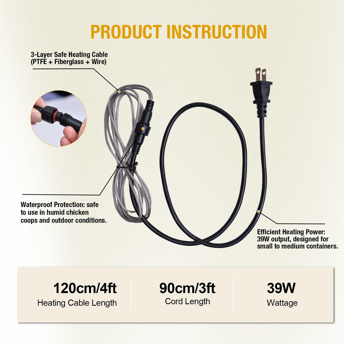 comincia Chicken Water Heater Cord,Heated Chicken Waterer for Winter to Prevent Water Freezing,Poultry Water Heater for Chickens,Hens,Ducks/Small Animals(Waterer Not Included) 1-Pack