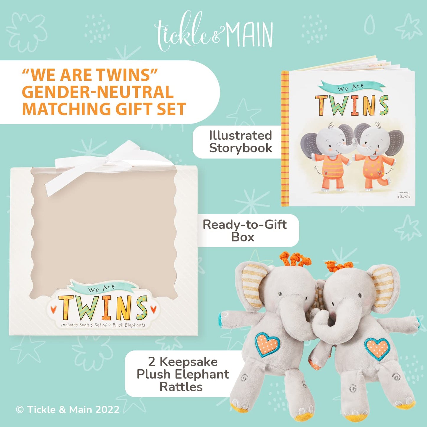 Tickle & Main, We are Twins - Baby and Toddler Twin Gift Set- Includes Keepsake Book and Set of 2 Plush Elephant Rattles for Boys and Girls. Perfect for Newborn Infant