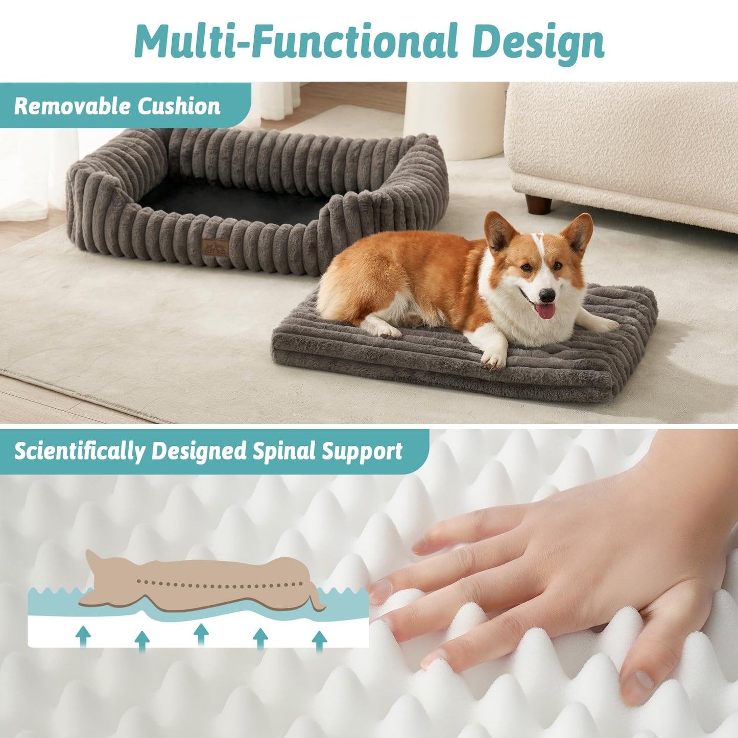 COZY KISS Orthopedic Dog Bed for Small Dogs & Medium Dogs - Washable Rectangle Pet Bed with Anti-Slip Bottom, Soft Calming Cat & Puppy Bed for Indoor Pets (30"x23"x7", Grey)