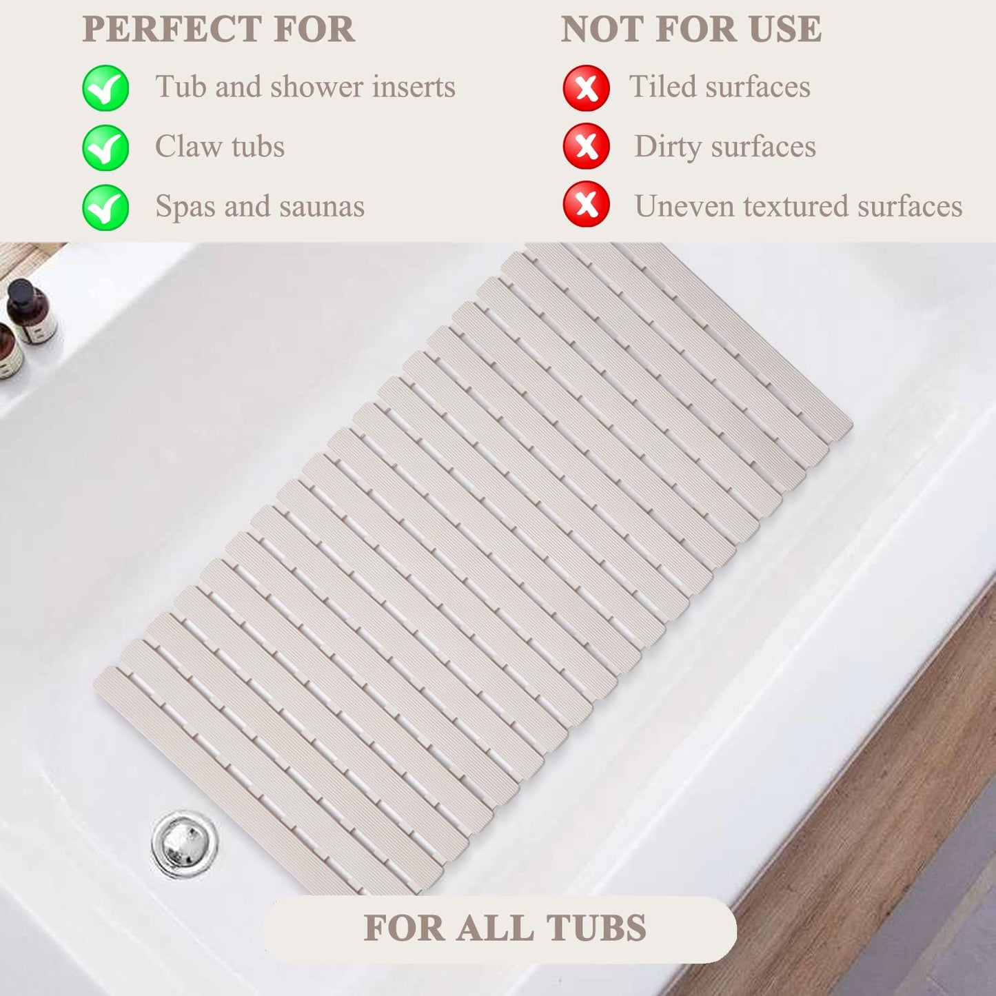 Non Slip Shower Mat - Sheepping Bathtub Mat Machine Washable Anti Slip Bath Mat for Tub, Quick Drain Tub Mat with Suction Cups for Bathroom