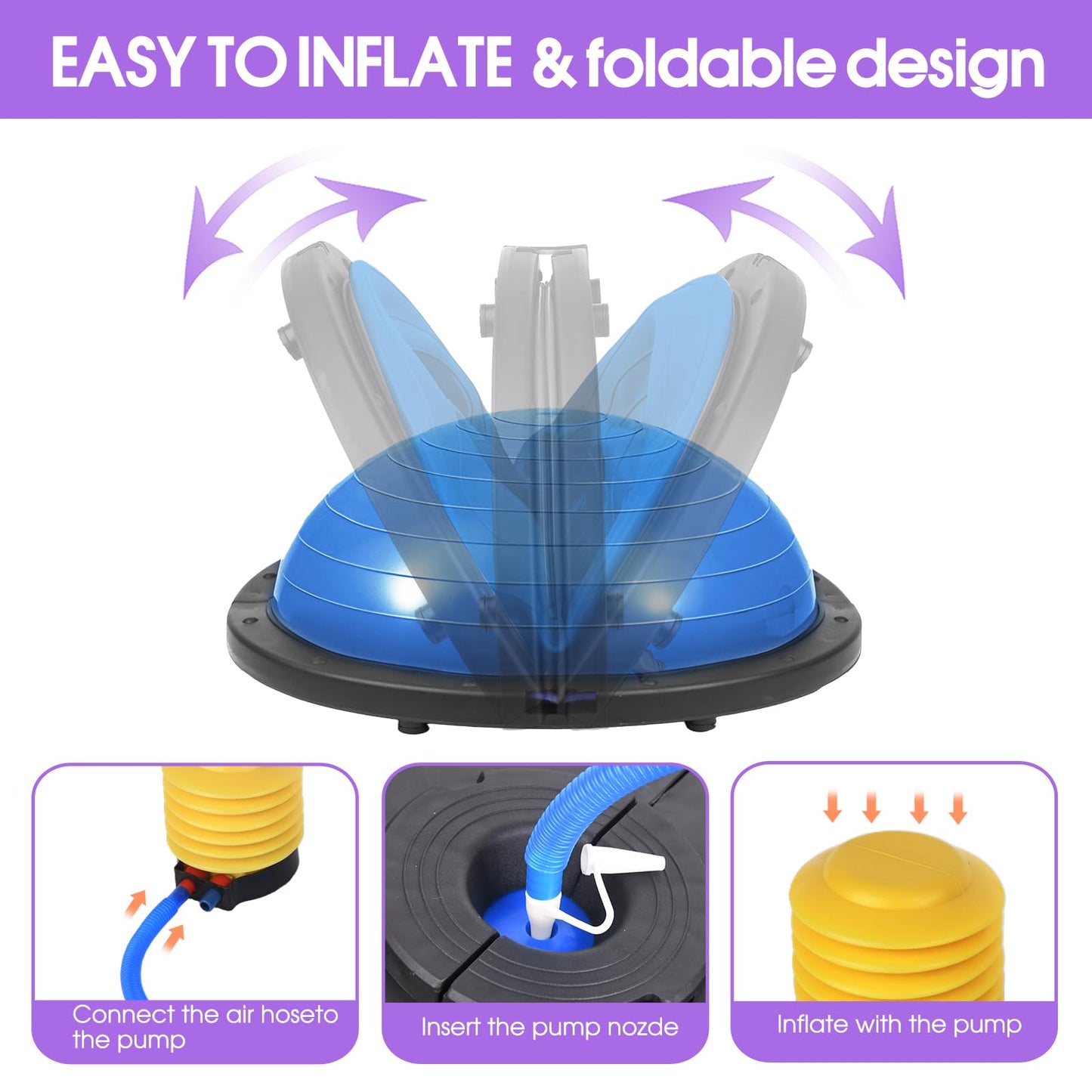 Balance Ball Trainer, 26 inch Half Exercise Ball with Resistance Bands, Home Gym Full Body Workout Equipment, Blue