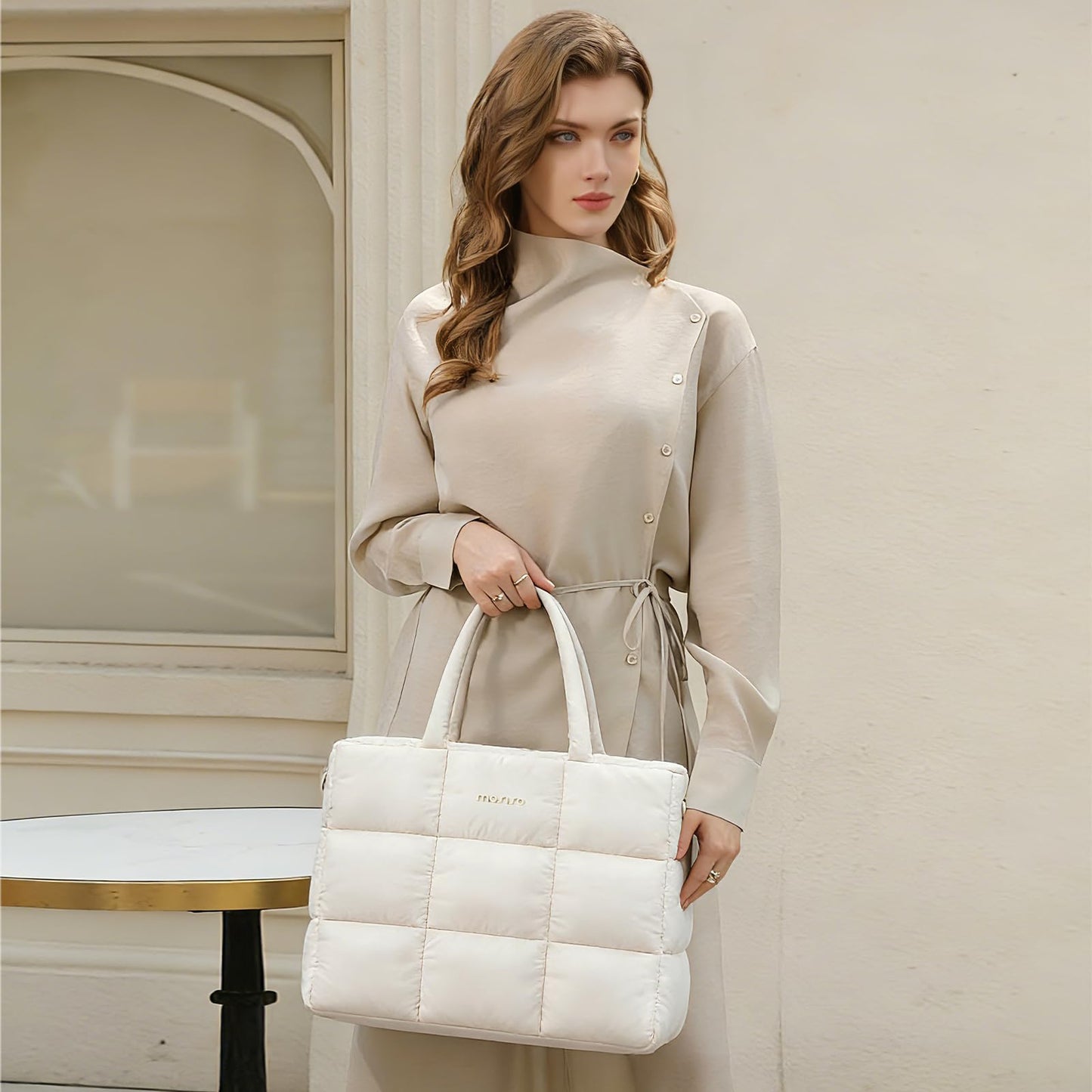 MOSISO Tote Bag for Women, Lightweight Puffy Tote Bag with Trolley Sleeve & Laptop Compartment, 15-16 inch Laptop Bags Large Capacity Quilted Handbag Shoulder Bags for Work Travel Gym Office, Beige