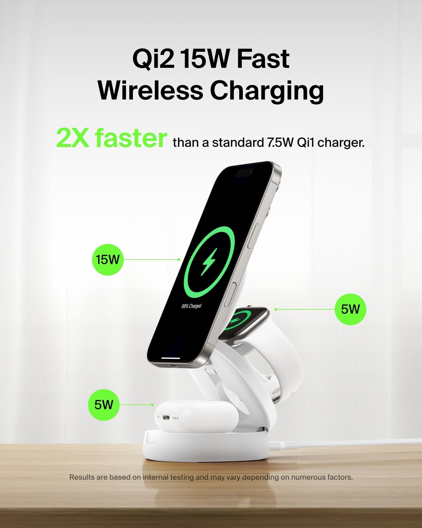 Belkin MagSafe Charger Compatible, 3-in-1 Qi2 Wireless Charging Station 15W, Convertible Wireless Charger for iPhone 17, Apple Watch, AirPods, Portable Phone Stand for Travel w/ 36W Adapter - White