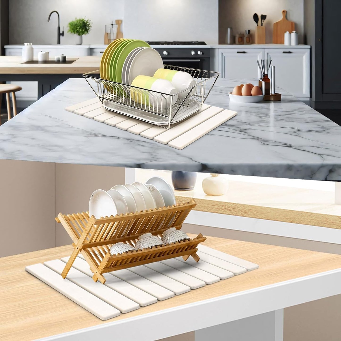 2 PCS Large Stone Dish Drying Mat for Kitchen Counter, 61"×41" CM Stone Drying Mat with 20"x 10"CM Coasters, Non - Slip Collapsible Absorbent Stone Dish Drying Mat for Multi - Purpose