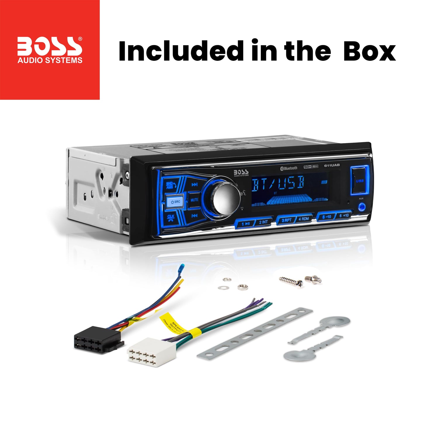 BOSS Audio Systems 611UAB Car Stereo - Single Din, Bluetooth, No CD DVD Player, AM/FM Radio Receiver, Aux Input, USB
