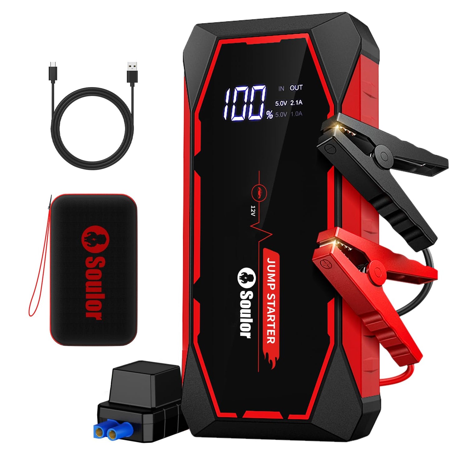 Car Battery Booster Jump Starter,5000A Portable Jump Starter for Up to 8L Gas & 6L Diesel Engines,12V Car Battery Charger Booster Pack with Jumper Cables LED Light