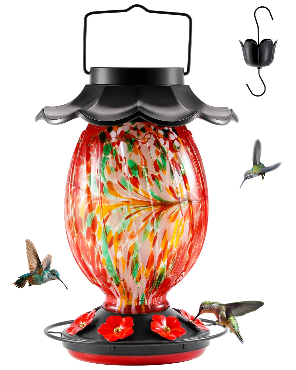HouseSapp Solar Hummingbird Feeder - 49 fl.oz Hand Blown Glass Color Changing - 7 Feeding Ports with Perch - Never Leak - Perfect Hummingbird Feeder for Outdoors Hanging (Red)