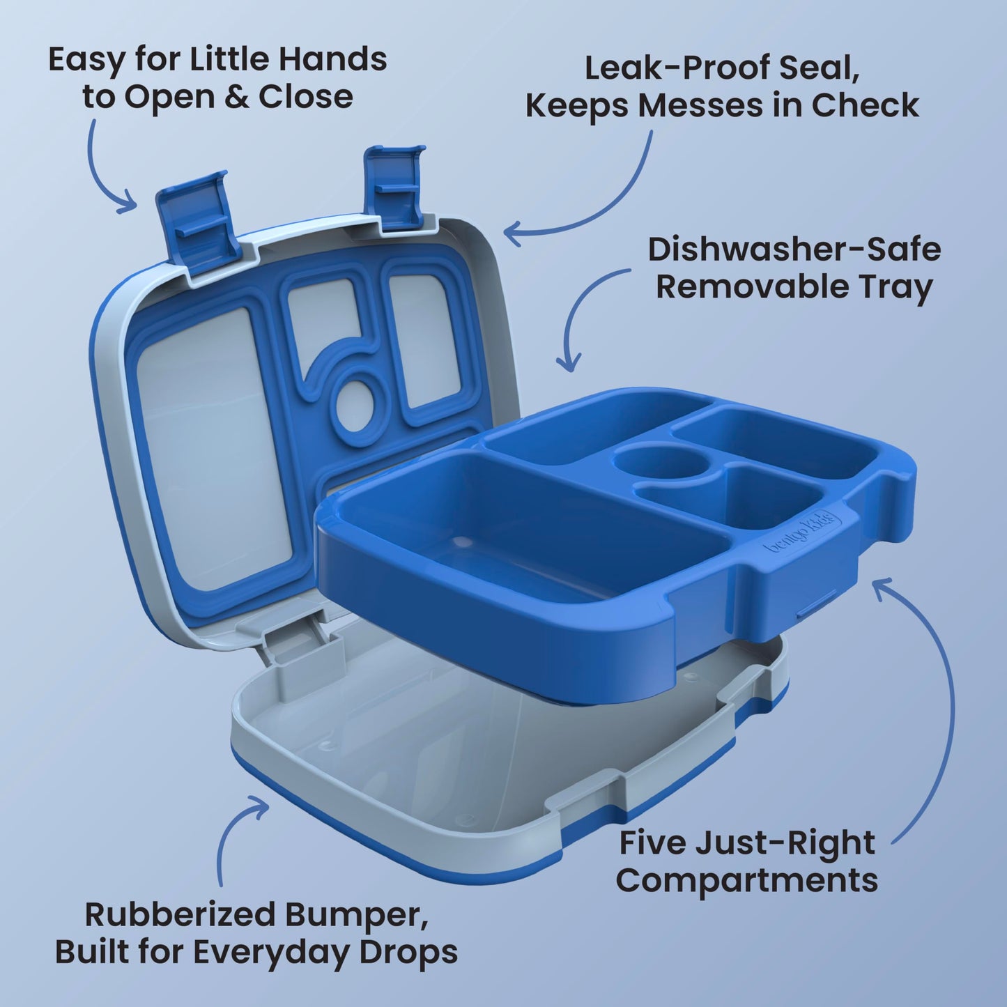 Bentgo® Kids Bento-Style 5-Compartment Lunch Box - Ideal Portion Sizes for Ages 3 to 7 - Leak-Proof, Drop-Proof, Dishwasher Safe, BPA-Free, & Made with Food-Safe Materials (Blue)