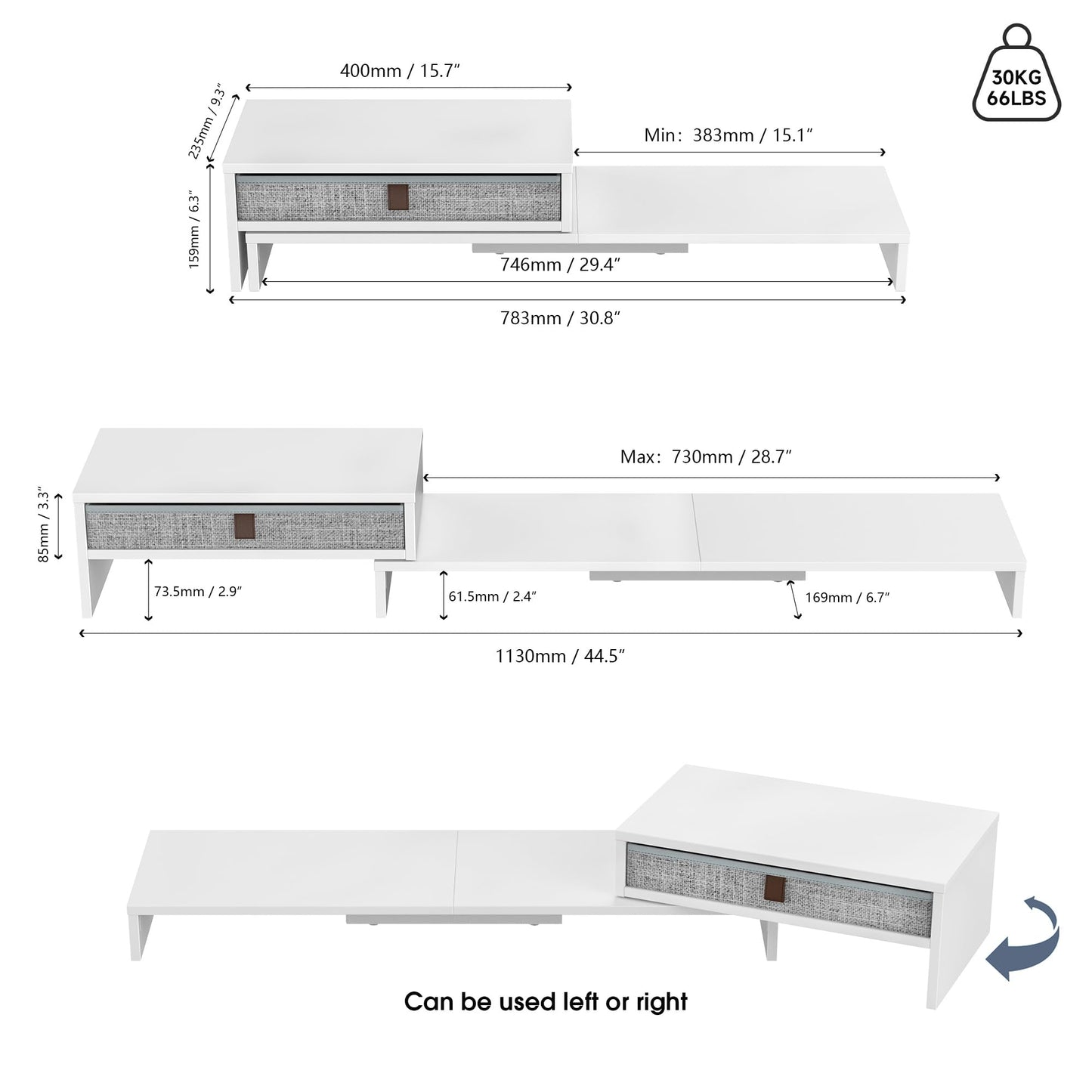 FENGE Dual Monitor Stand with Drawer Computer Monitor Stand Riser Adjustable Length and Angle, Wood Monitor Stands for 2 Monitors, Laptop PC, Computer, Printer, Office Desk Organizer White