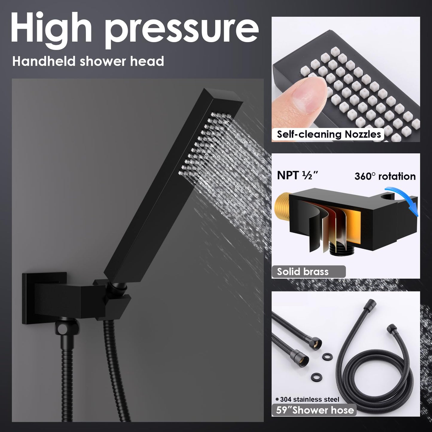 ENGA Solid Brass Handheld Shower Head, High Pressure Hand Held Shower Wand with Adjustable Wall Connector Shower Holder and 59" Hose Set, Matte Black