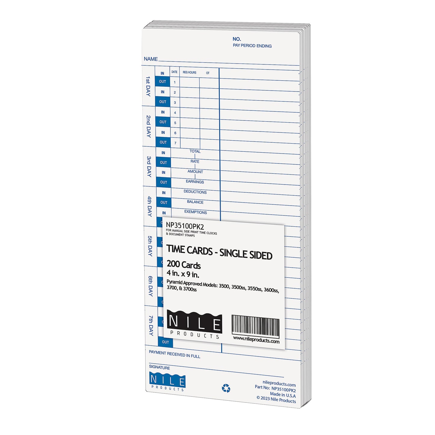 Nile Products - 200 Authorized Single Sided Time Cards for Pyramid Manual Side Print Timeclock and Document Stamp [ NP35100-PK2], Pyramid 35100-10 Compatible (4 W x 9 H Inches) - 200 Time Cards