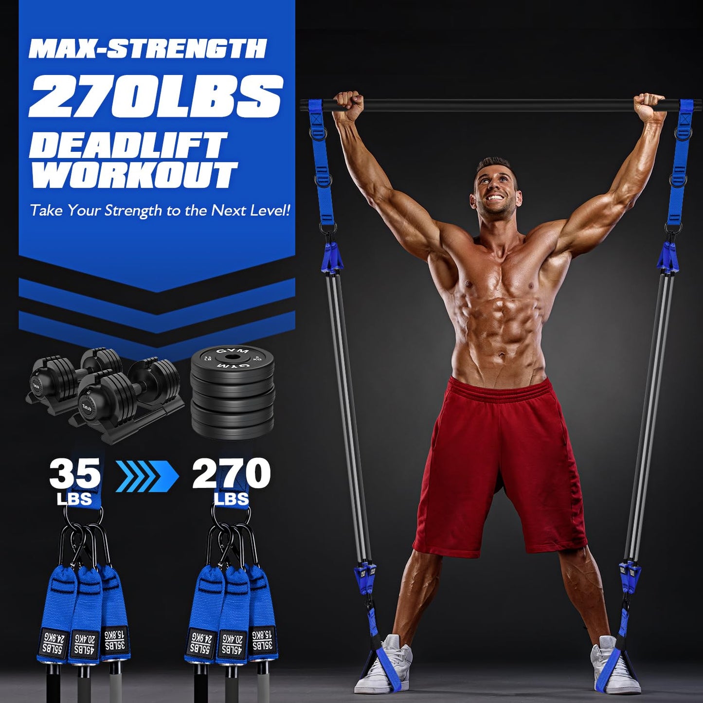 Ayombo Pilates Equipment, Heavy Duty Pilates Bar Kit with Resistance Bands, 270lbs Adjustable Portable Gym Home Workout Equipment for Men, for Legs, Waist, Arm, Abs, Chest Muscle Strength Training