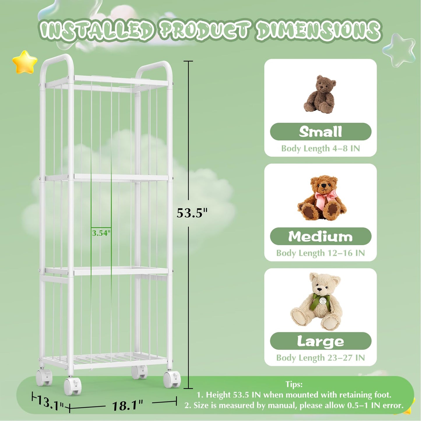 Stuffed Animal Storage with Brake Wheels,Metal Tube Toy Storage Organizer Extra Large Stuffed Animal Holder, Stuffed Animal Zoo Organizer for Nursery Playroom Kids Room White(53.5” x 18.1”x 13”)